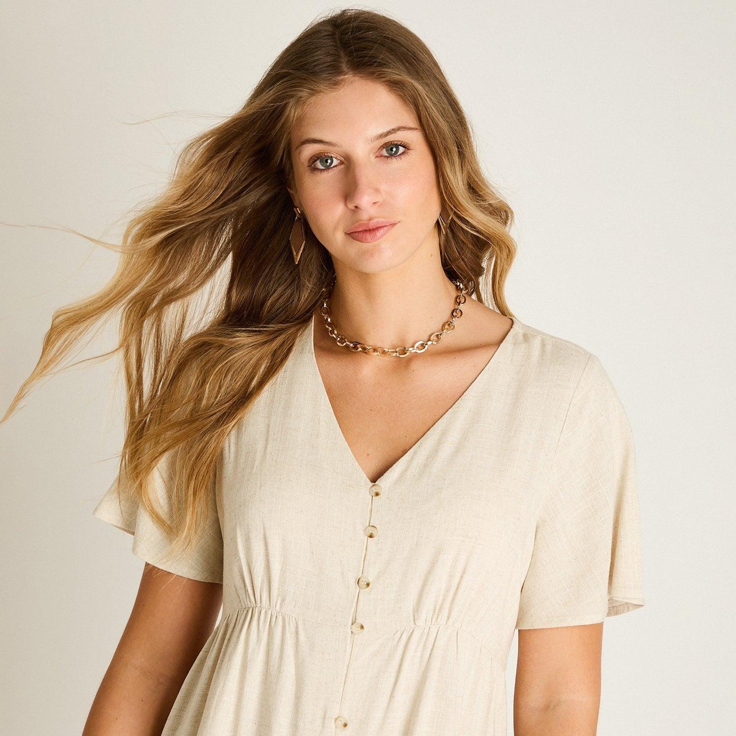 Vestido Corto Beige No Elasticado Sin Forro Calce Holgado-2