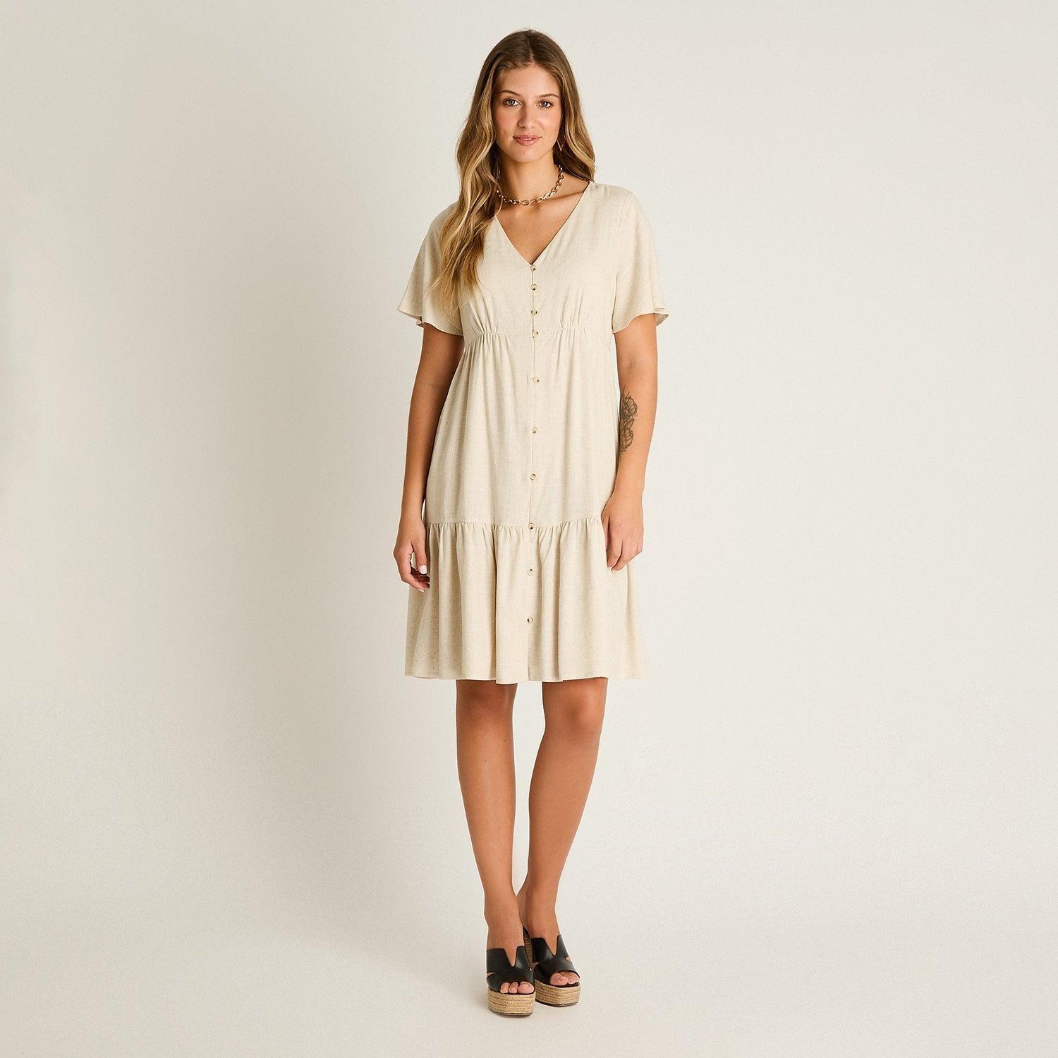 Vestido Corto Beige No Elasticado Sin Forro Calce Holgado-3