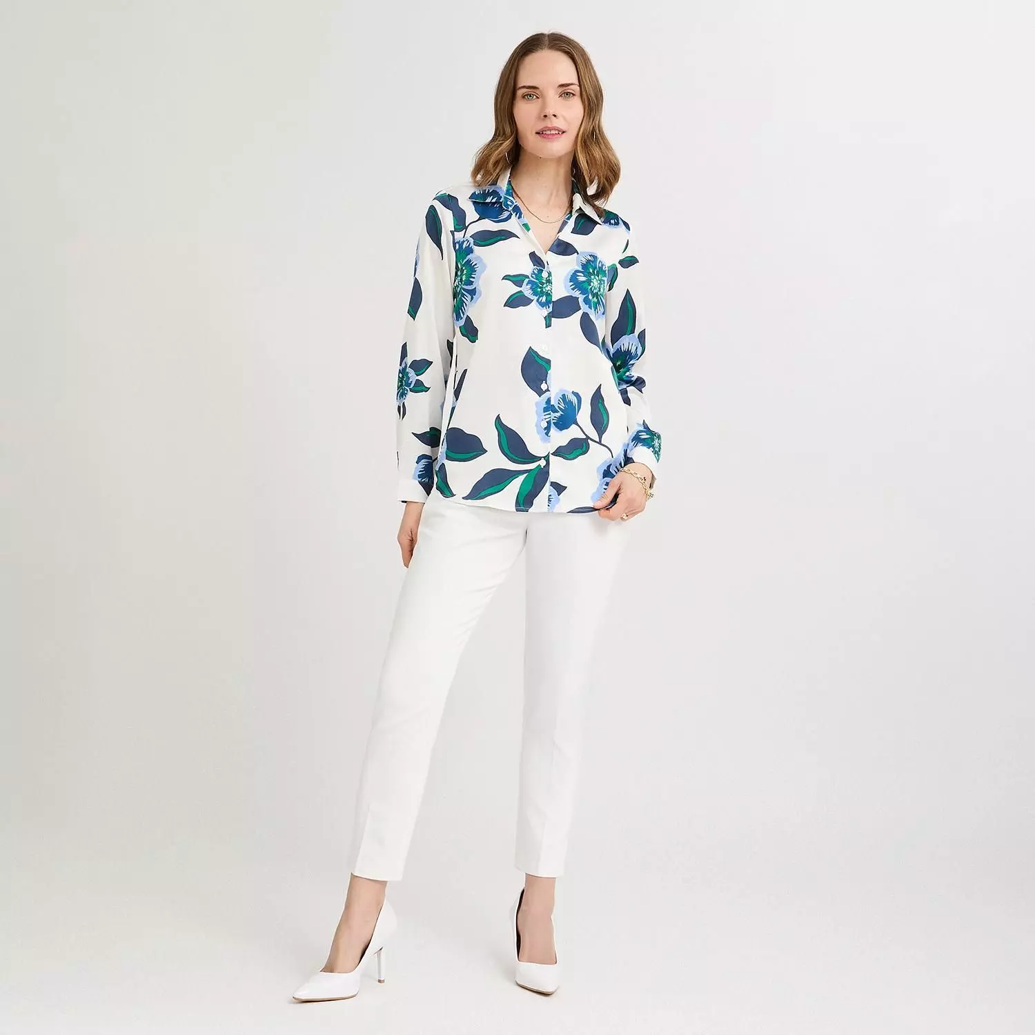 Blusa Manga Larga de Satin con Botones Estampada Azul-3