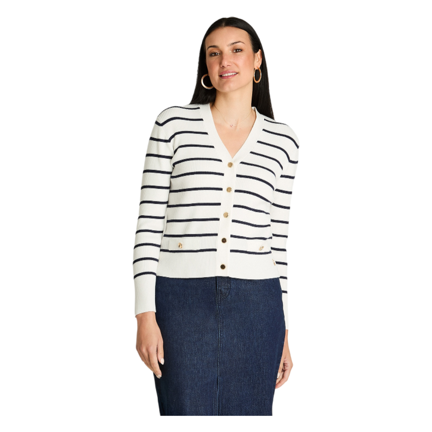 Cardigan Tejido Manga Larga Rayado Con Botones Dorados Crudo-0