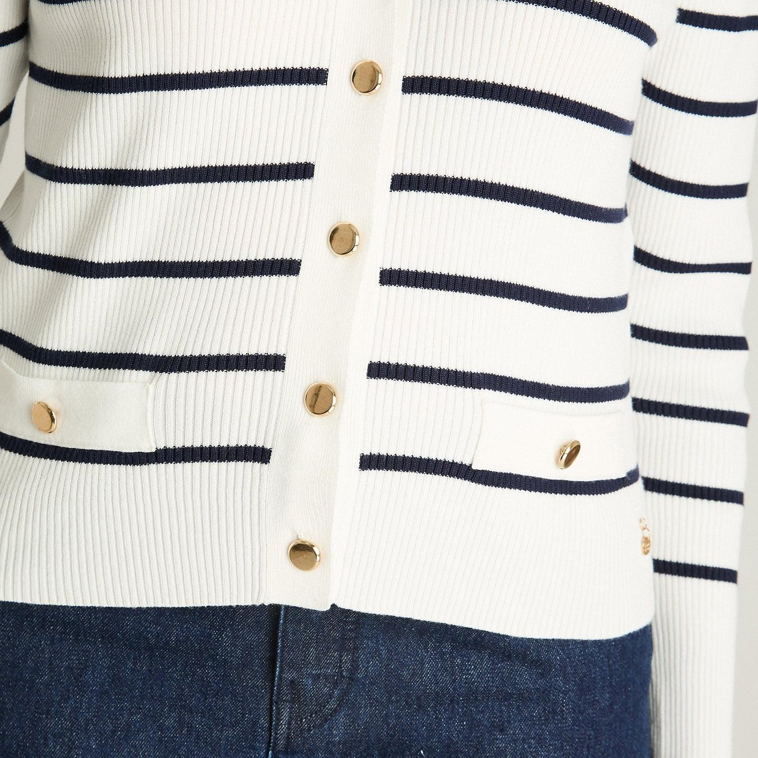 Cardigan Tejido Manga Larga Rayado Con Botones Dorados Crudo-2