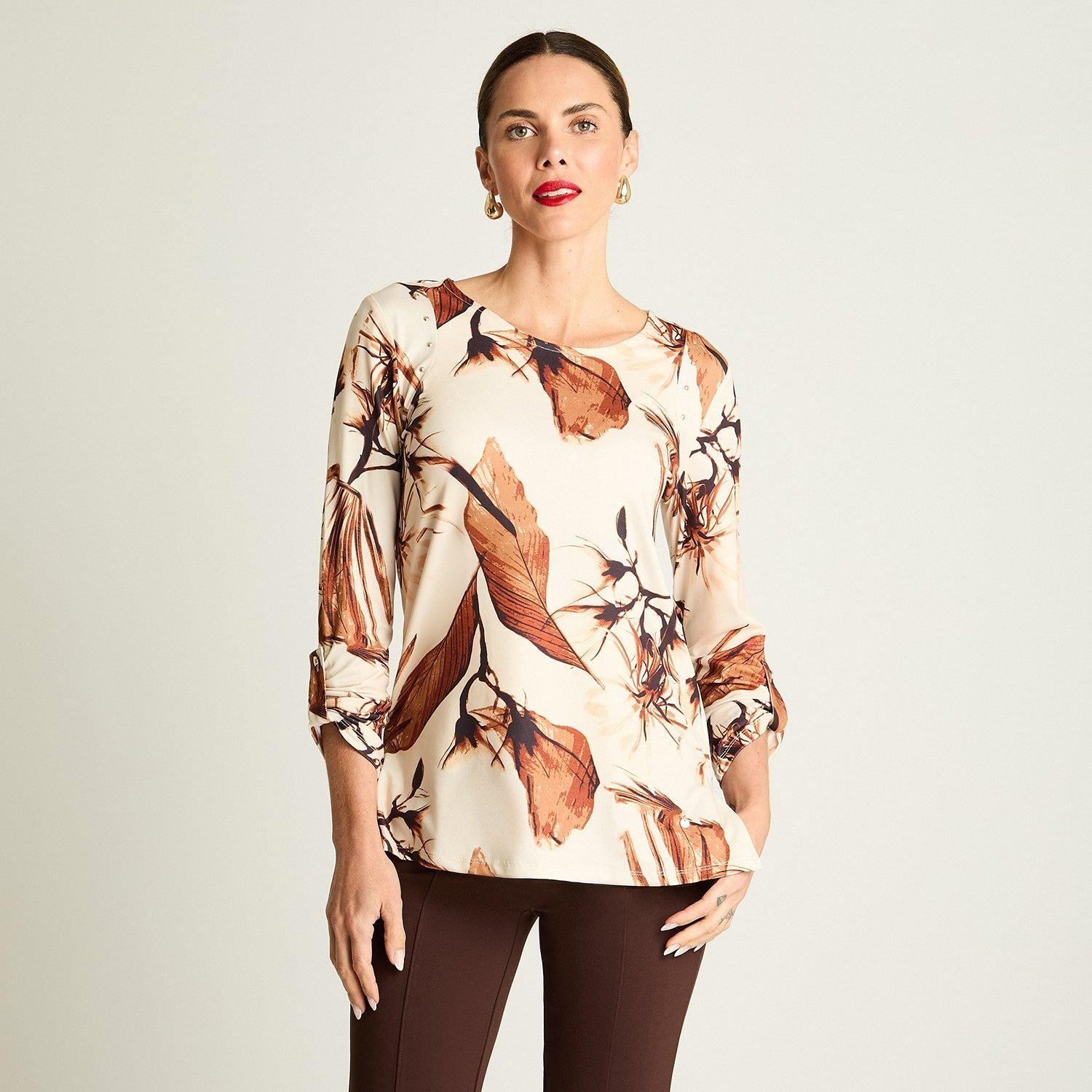 Polera Manga Larga Escote Redondo Estampada Beige-0
