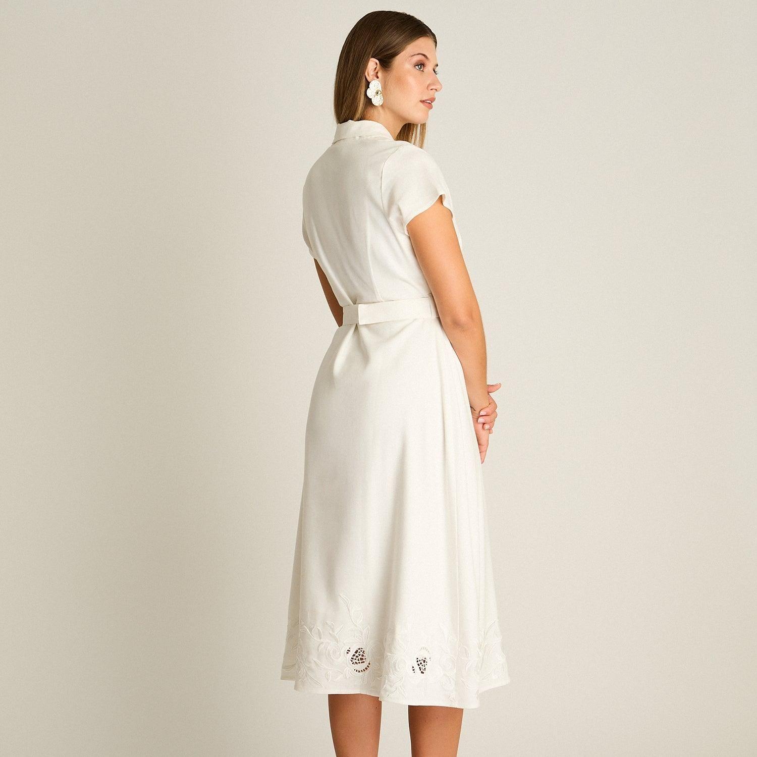Vestido Midi Crudo con Bordado y Cinturón-1