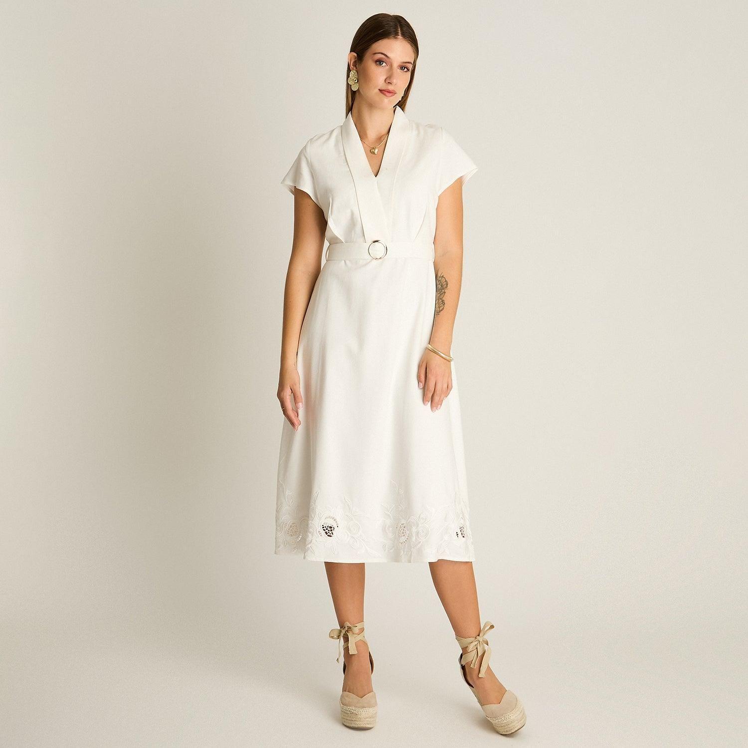 Vestido Midi Crudo con Bordado y Cinturón-3