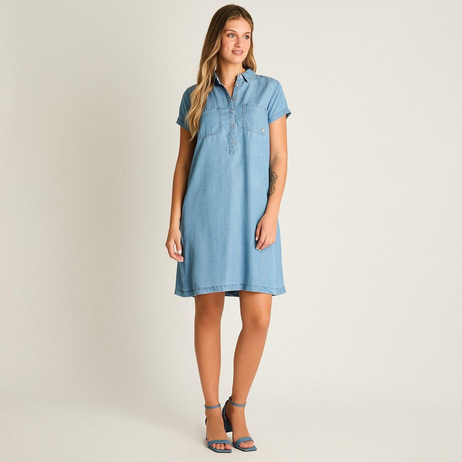 Vestido Corto Celeste No Elasticado Sin Forro Calce Holgado-3