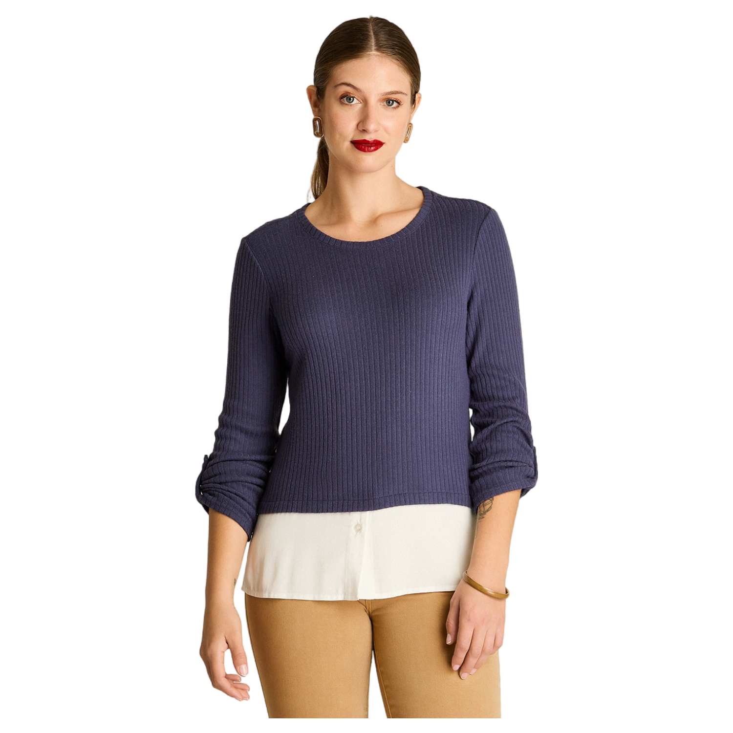 Polera de Lanilla Azul Manga Larga con Roll Up-0