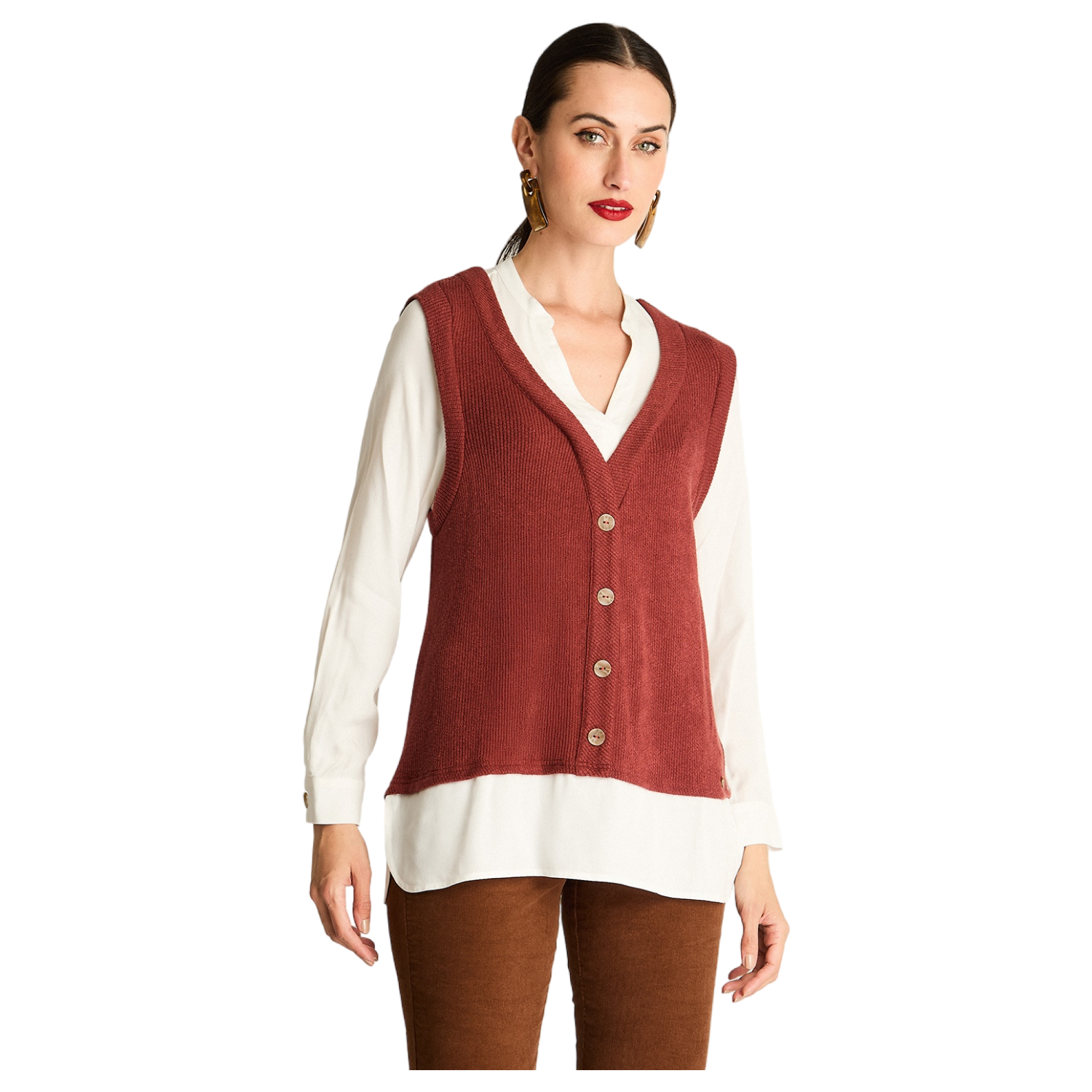 Blusa Manga Larga Con Chaleco De Lanilla Terracota-0