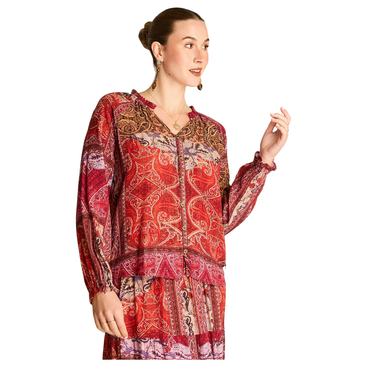 Blusa Terracota Estampada con Botones y Cuello Mao-0