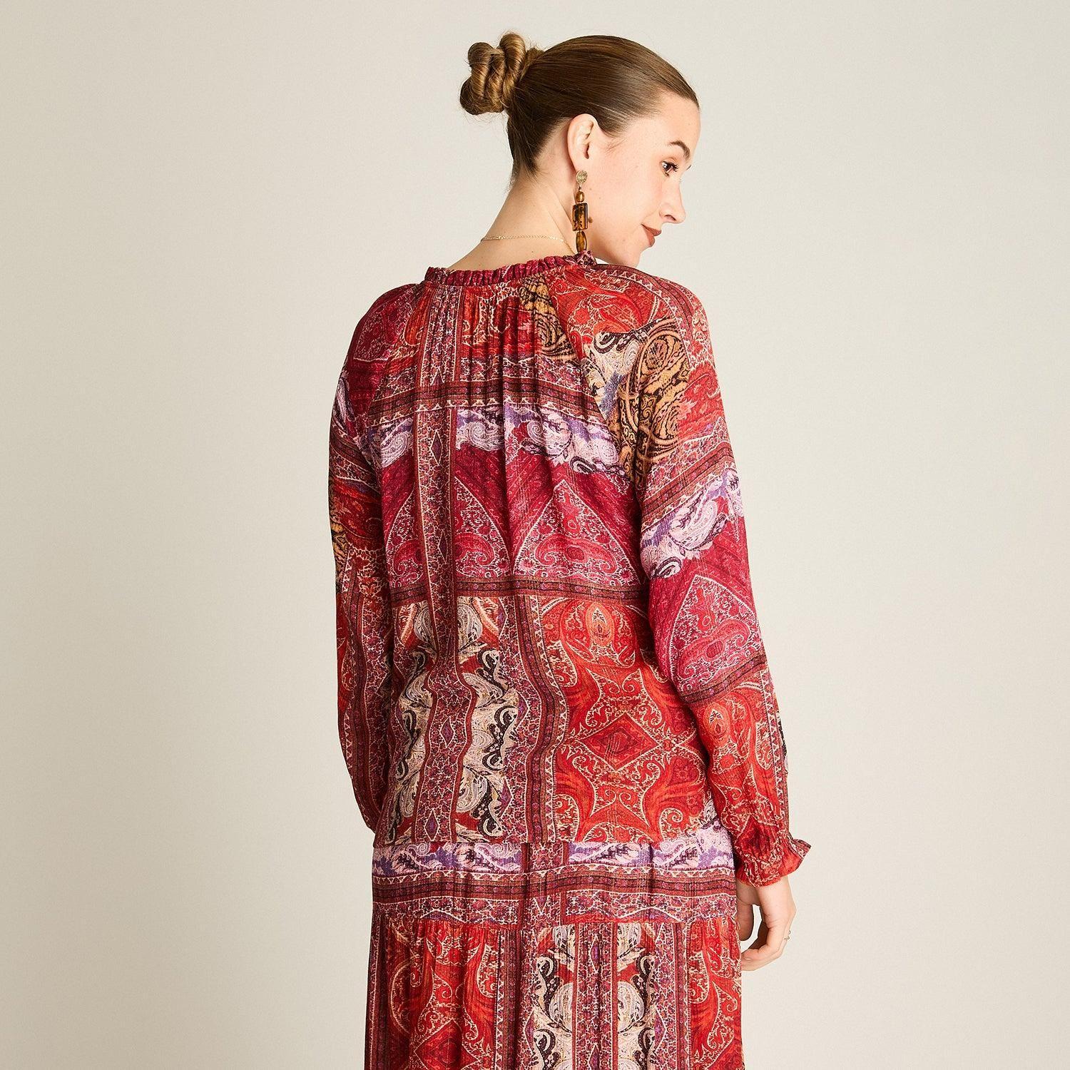 Blusa Terracota Estampada con Botones y Cuello Mao-1