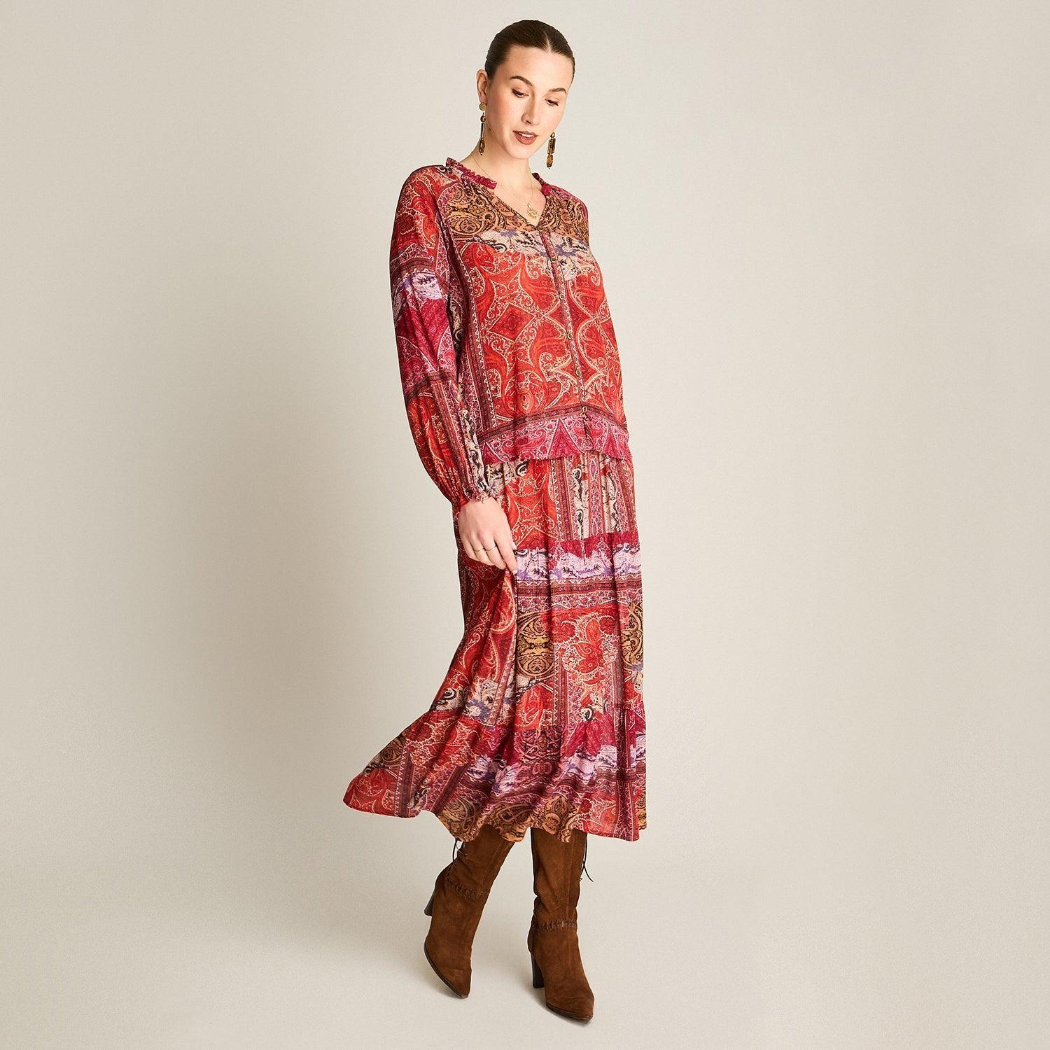 Blusa Terracota Estampada con Botones y Cuello Mao-3