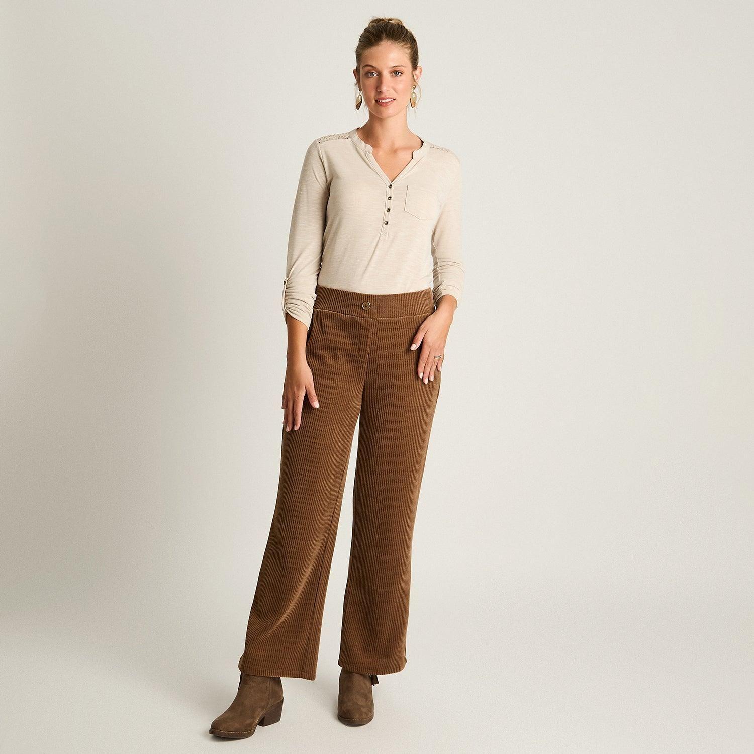Pantalón Camel Cotelón Corte Ancho con Botón Dorado-3