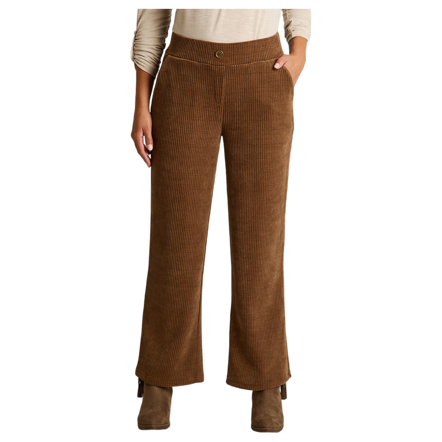 Pantalón Camel Cotelón Corte Ancho con Botón Dorado-0
