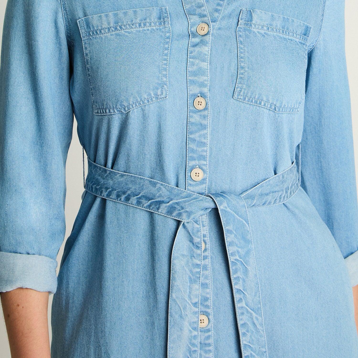 Vestido Manga Larga Lyocell Camisero Celeste-2