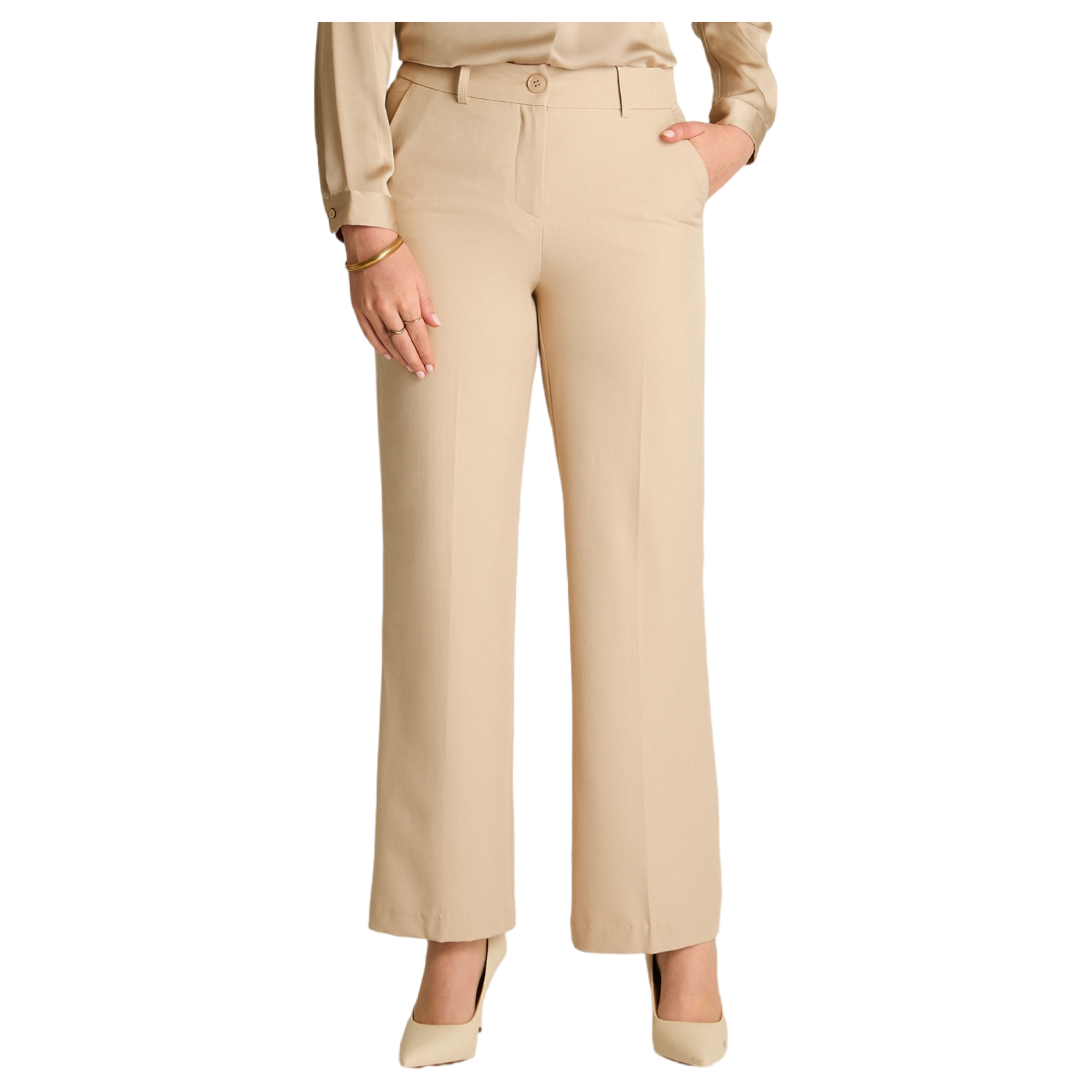 Pantalón Palazzo Beige Formal de Un Botón-0
