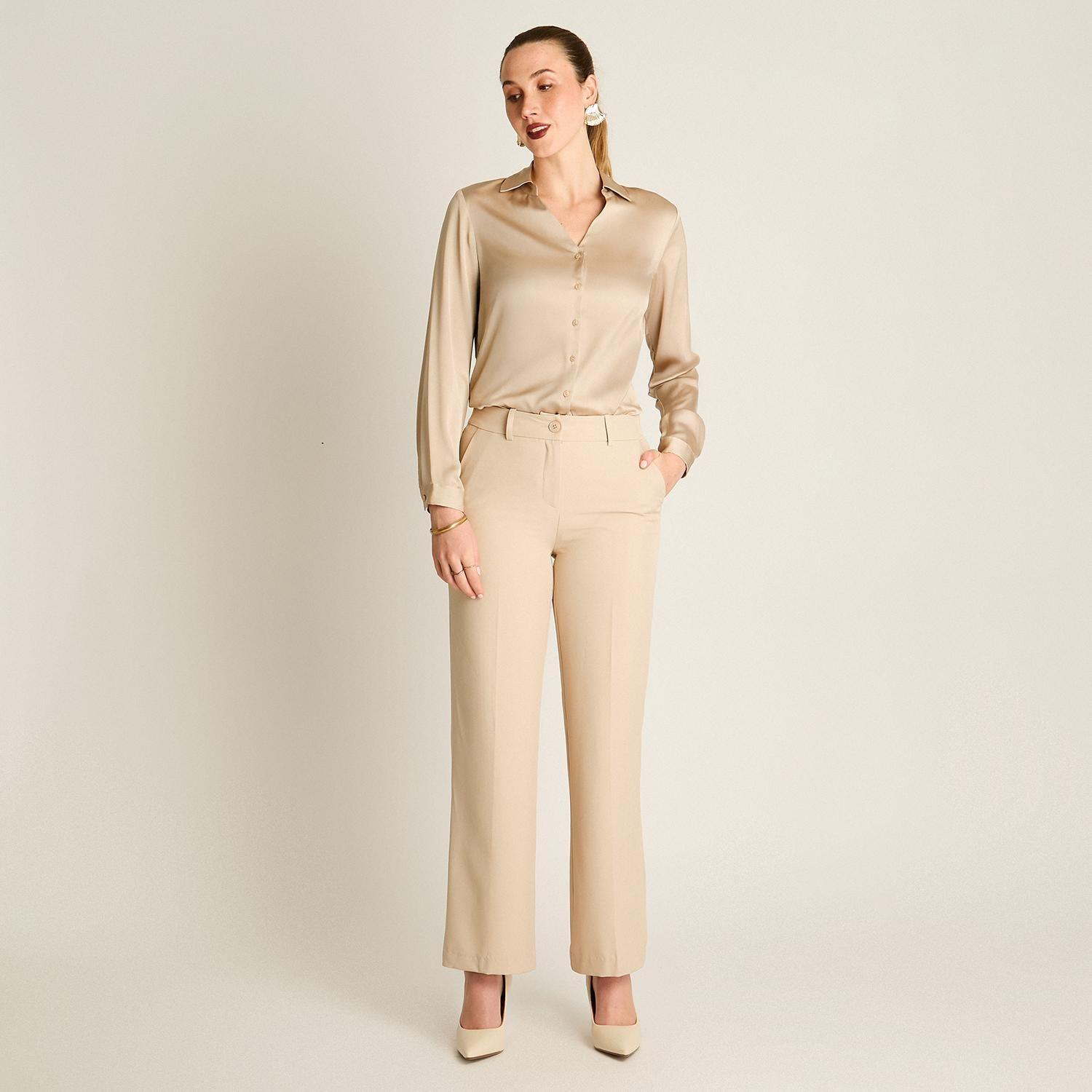 Pantalón Palazzo Beige Formal de Un Botón-3