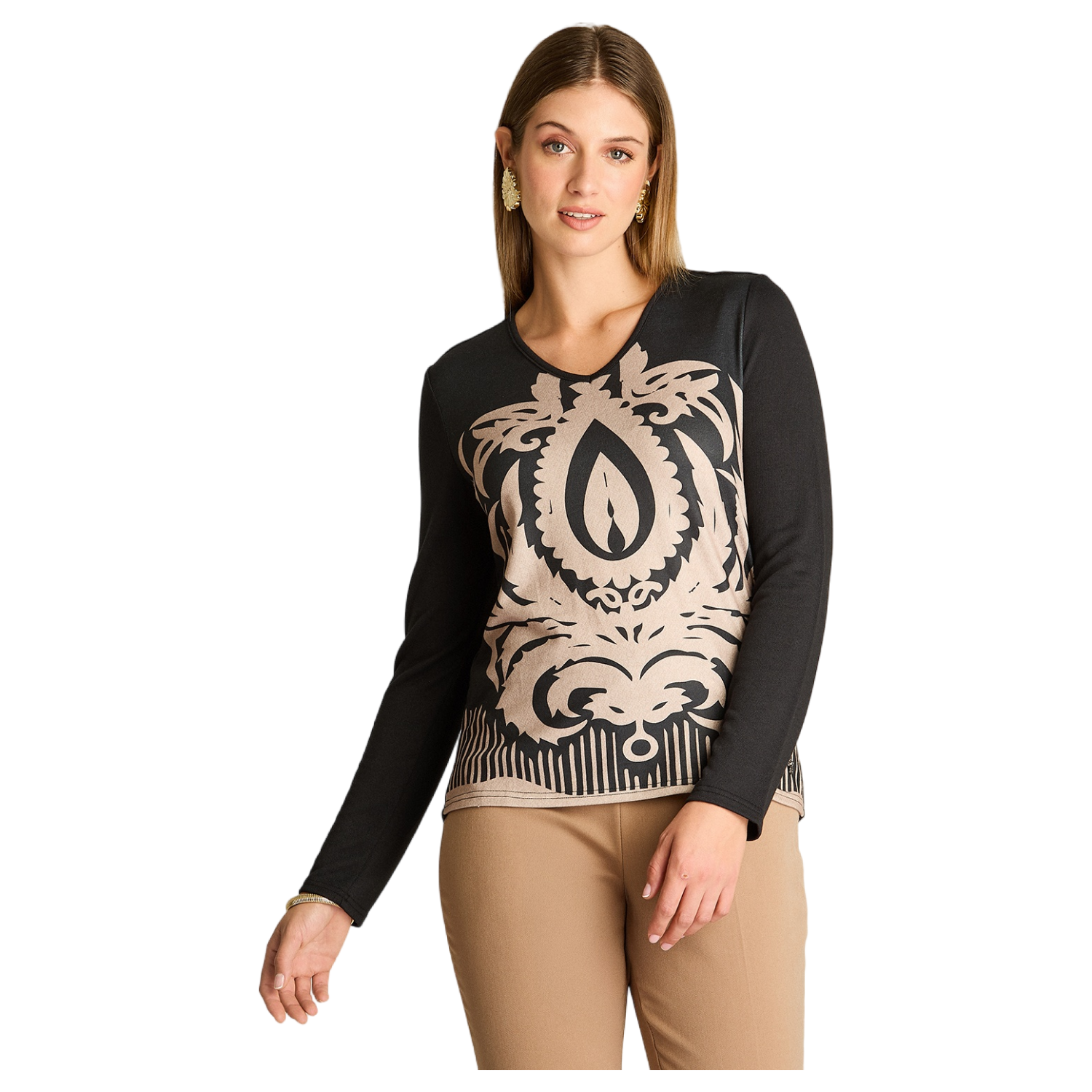 Polera Lanilla Negra Estampada Escote V-0