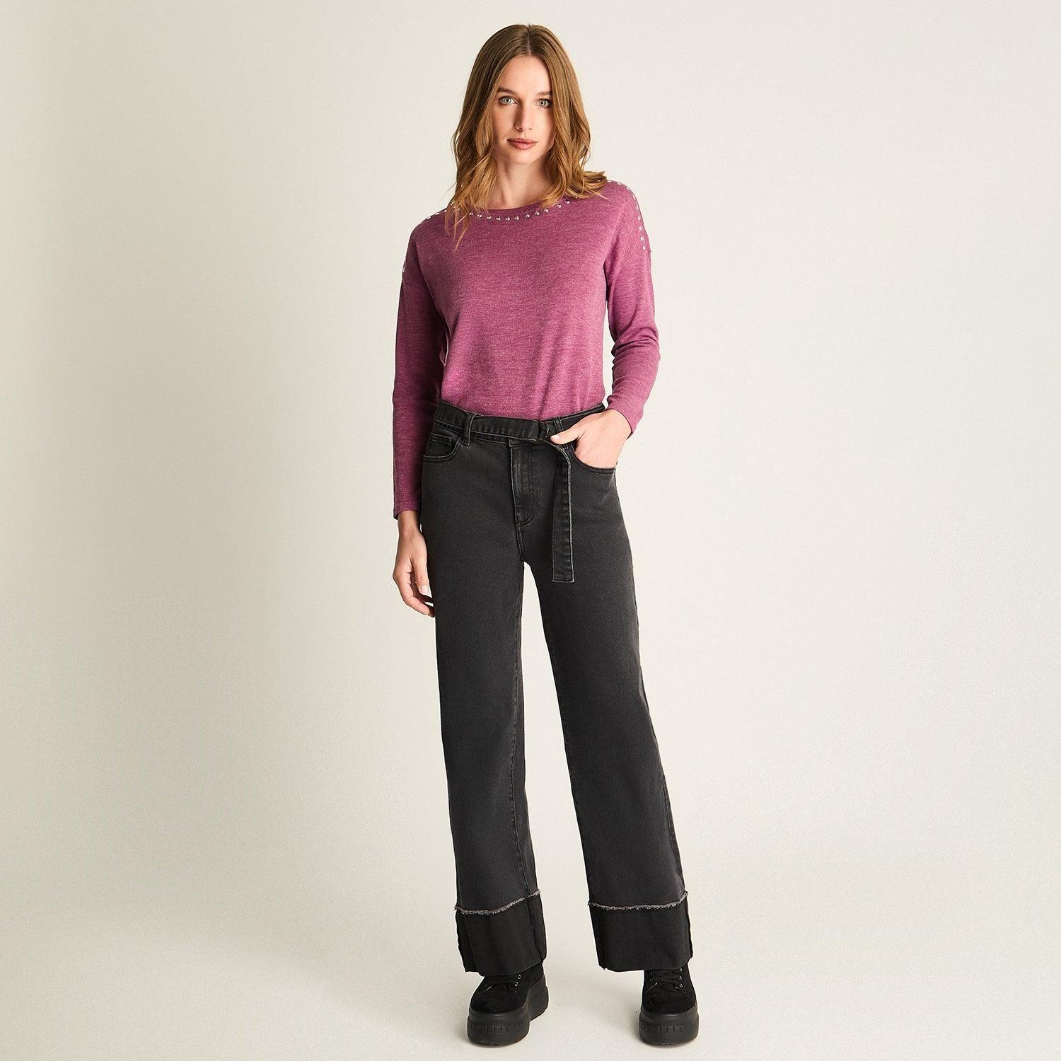 Pantalón Wide Leg Con Cinturón Gris Oscuro-2