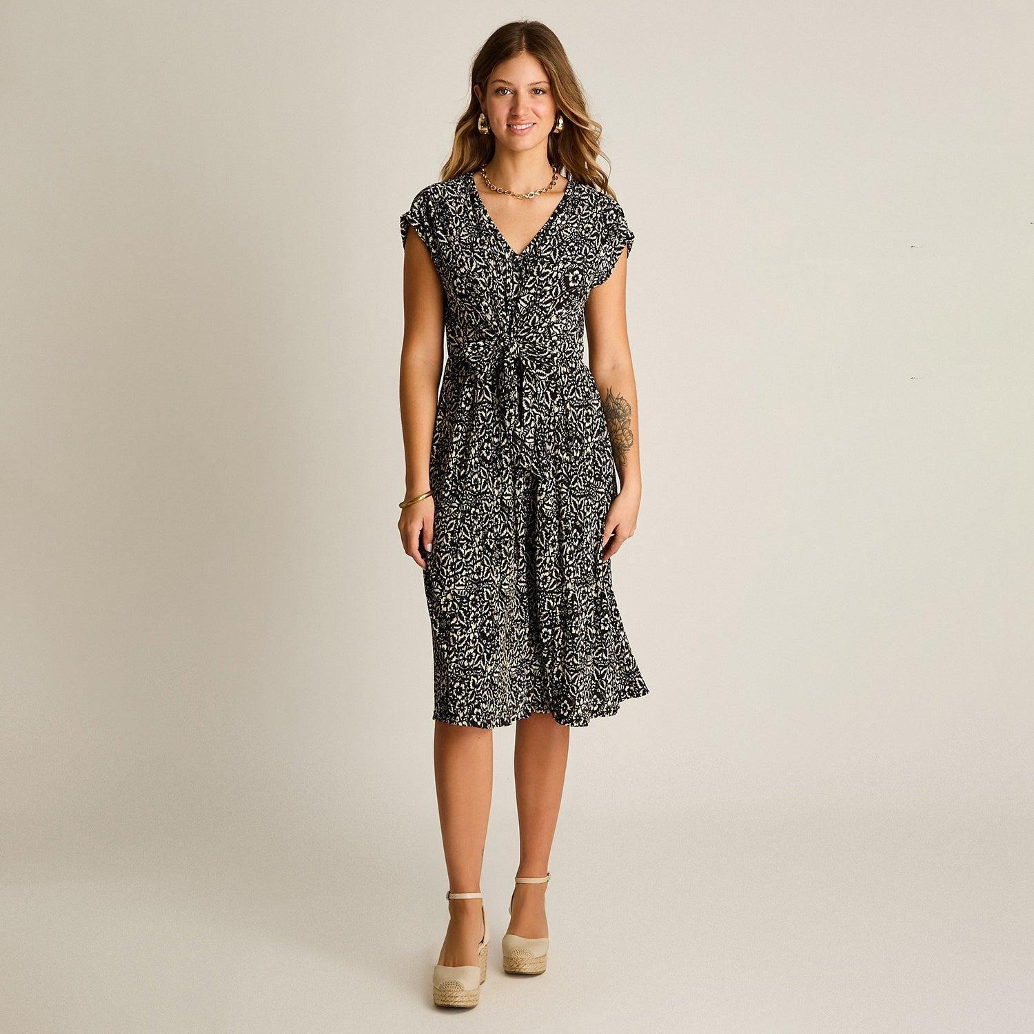 Vestido Midi Negro Estampado con Nudo Frontal-3