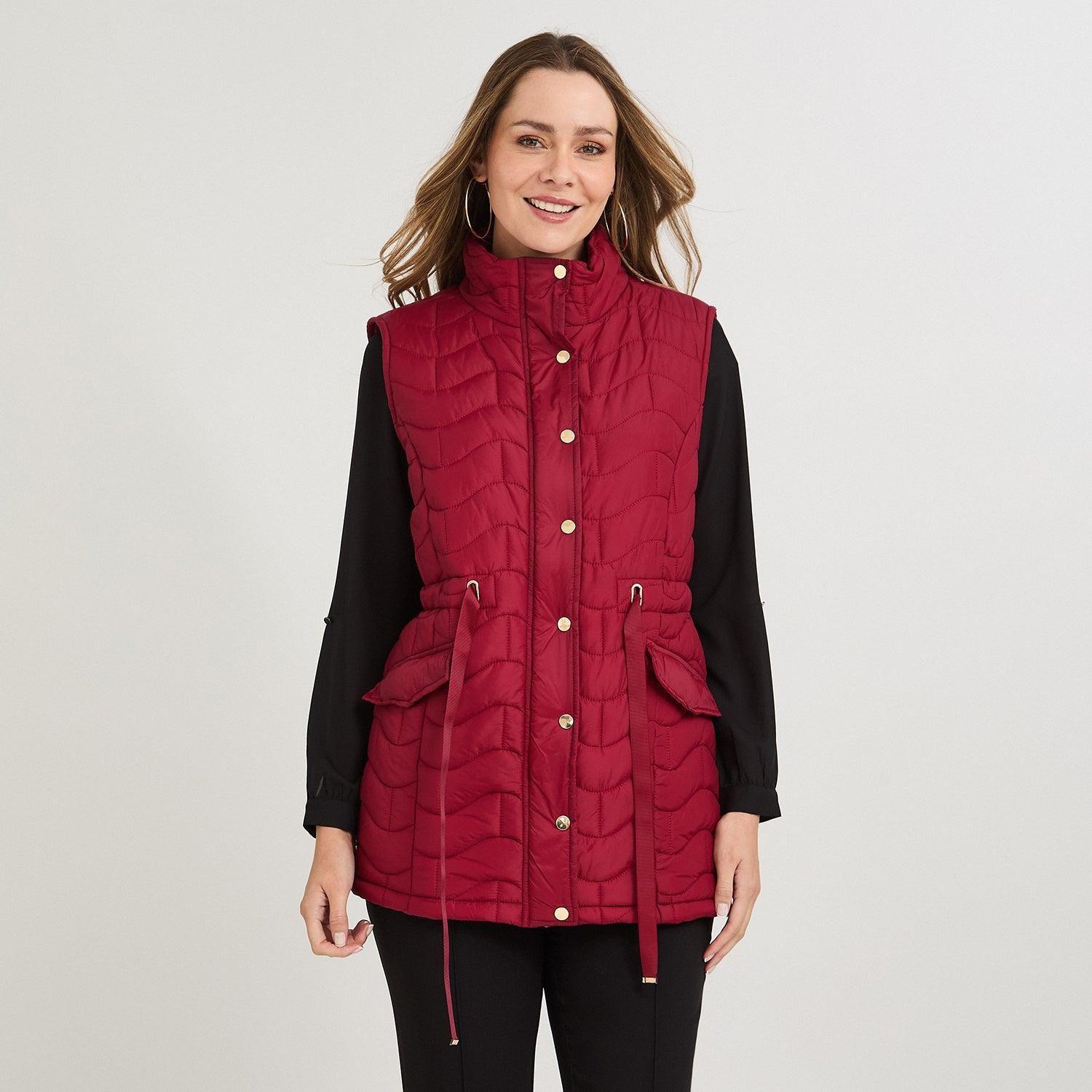 Parka sin mangas larga roja con ajustador de cintura-0