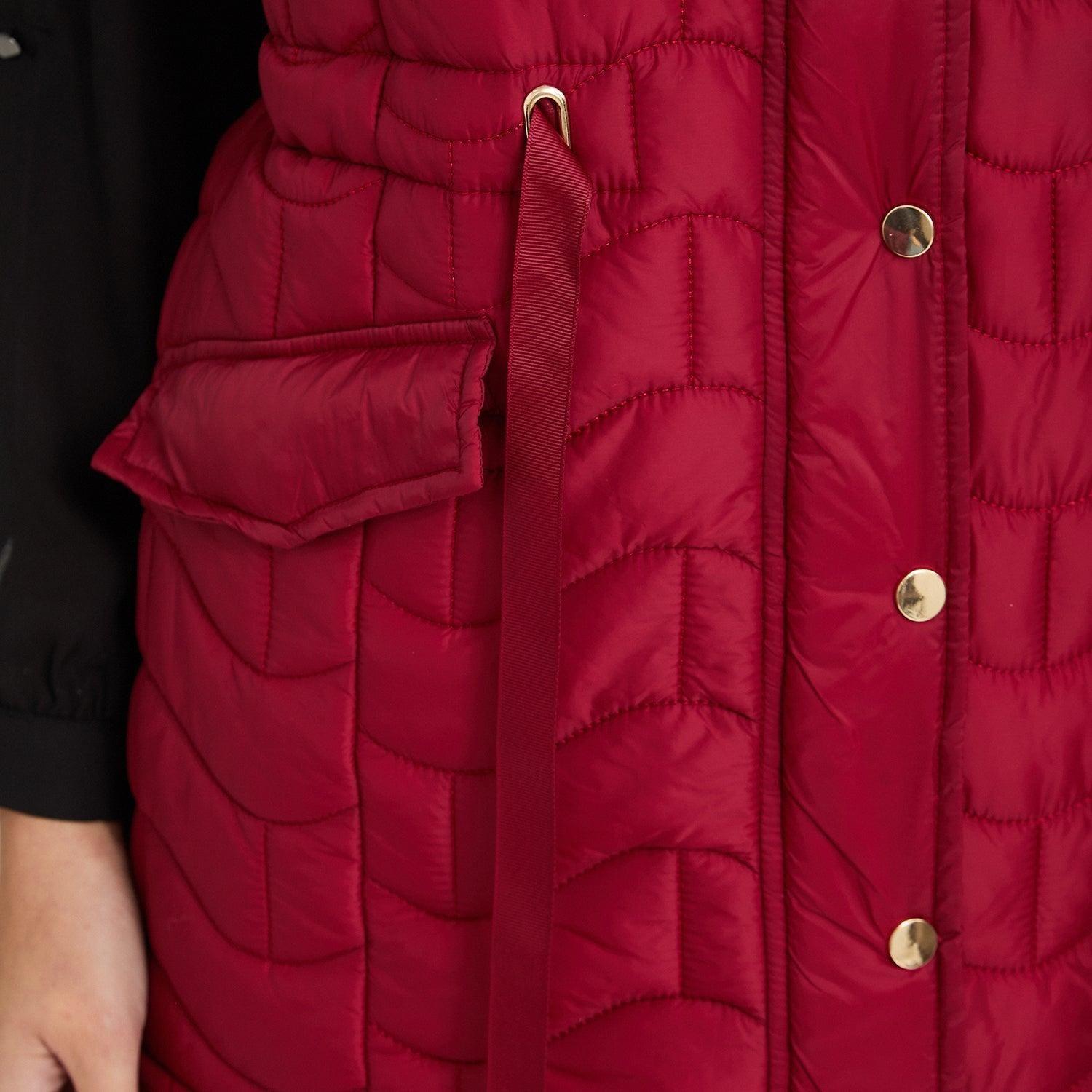 Parka sin mangas larga roja con ajustador de cintura-3
