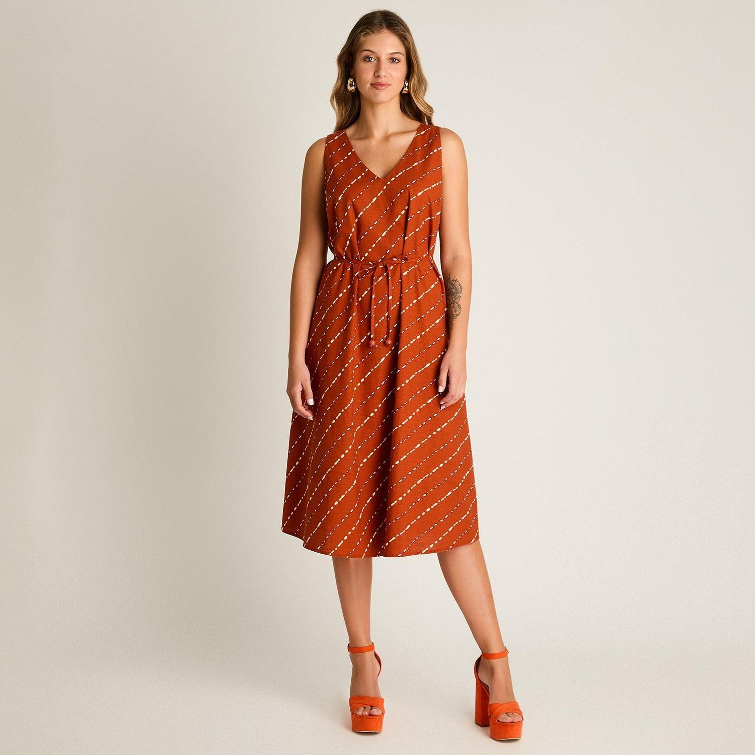 Vestido Midi Terracota No Elasticado Sin Forro Calce Holgado-3