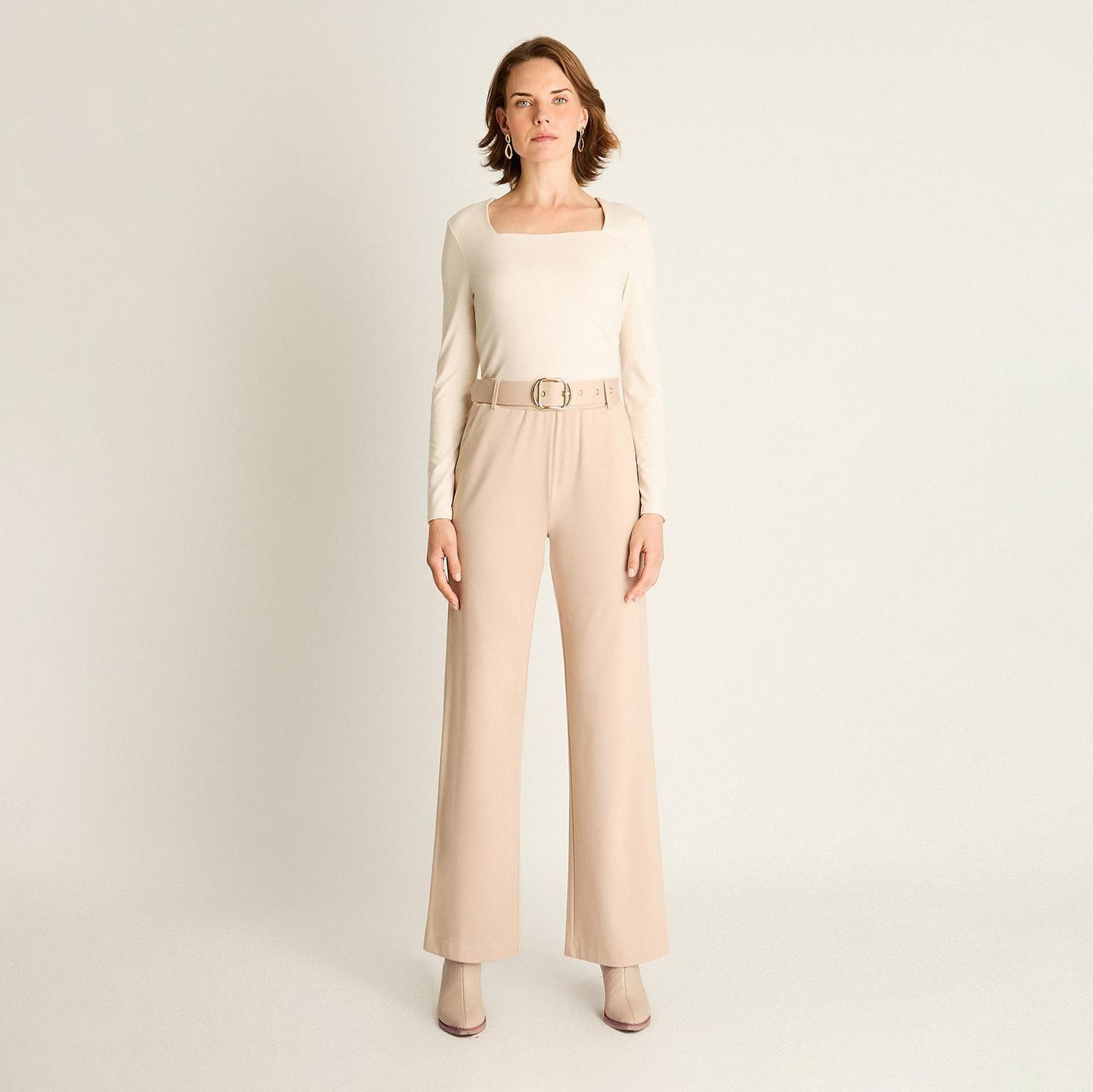 Pantalón Formal Beige Corte Recto con Cinturón-3