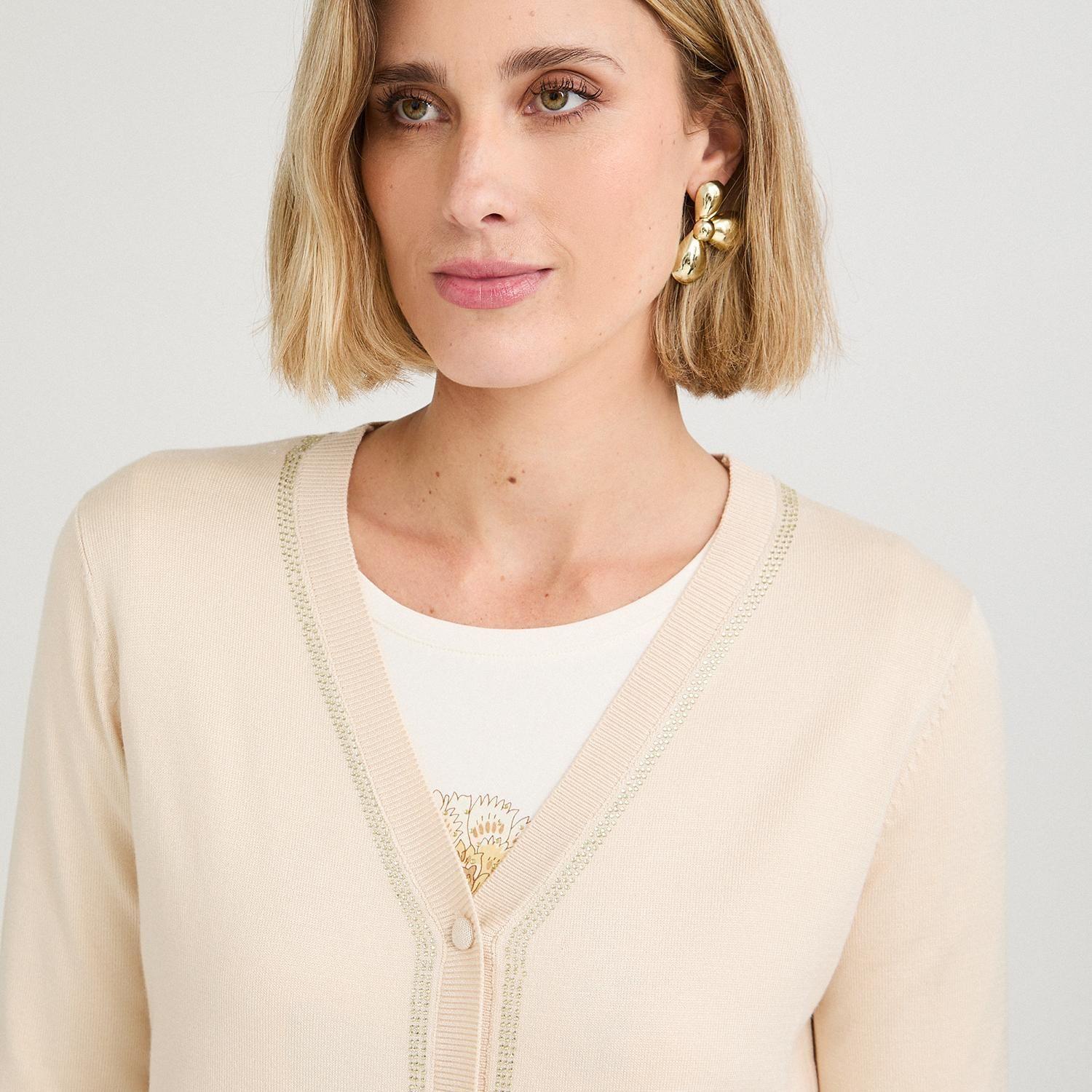 Cárdigan con Aplicación de Strass Beige-2