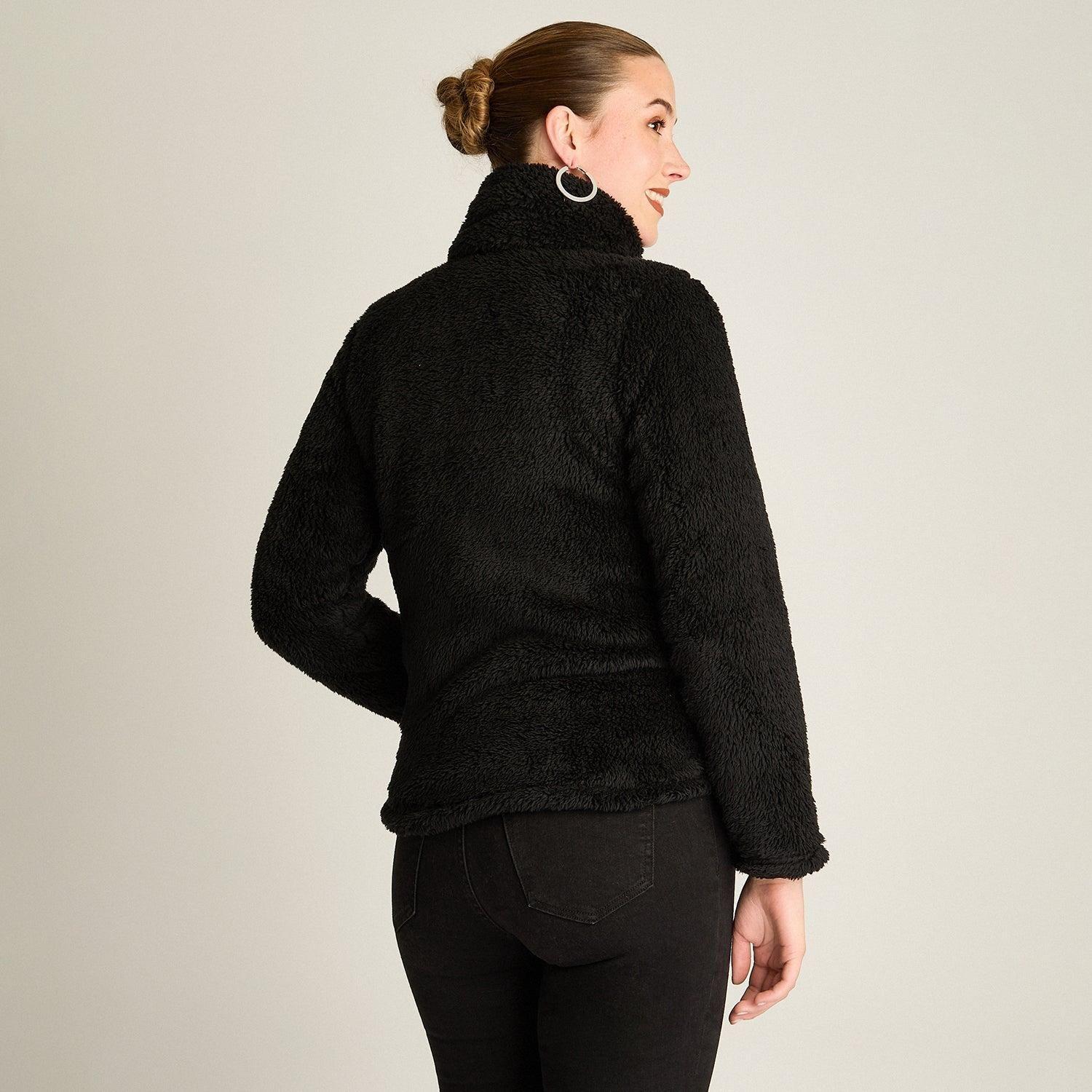 Polerón Coral Fleece Mujer Full Zipper Efecto Piel Negro-1