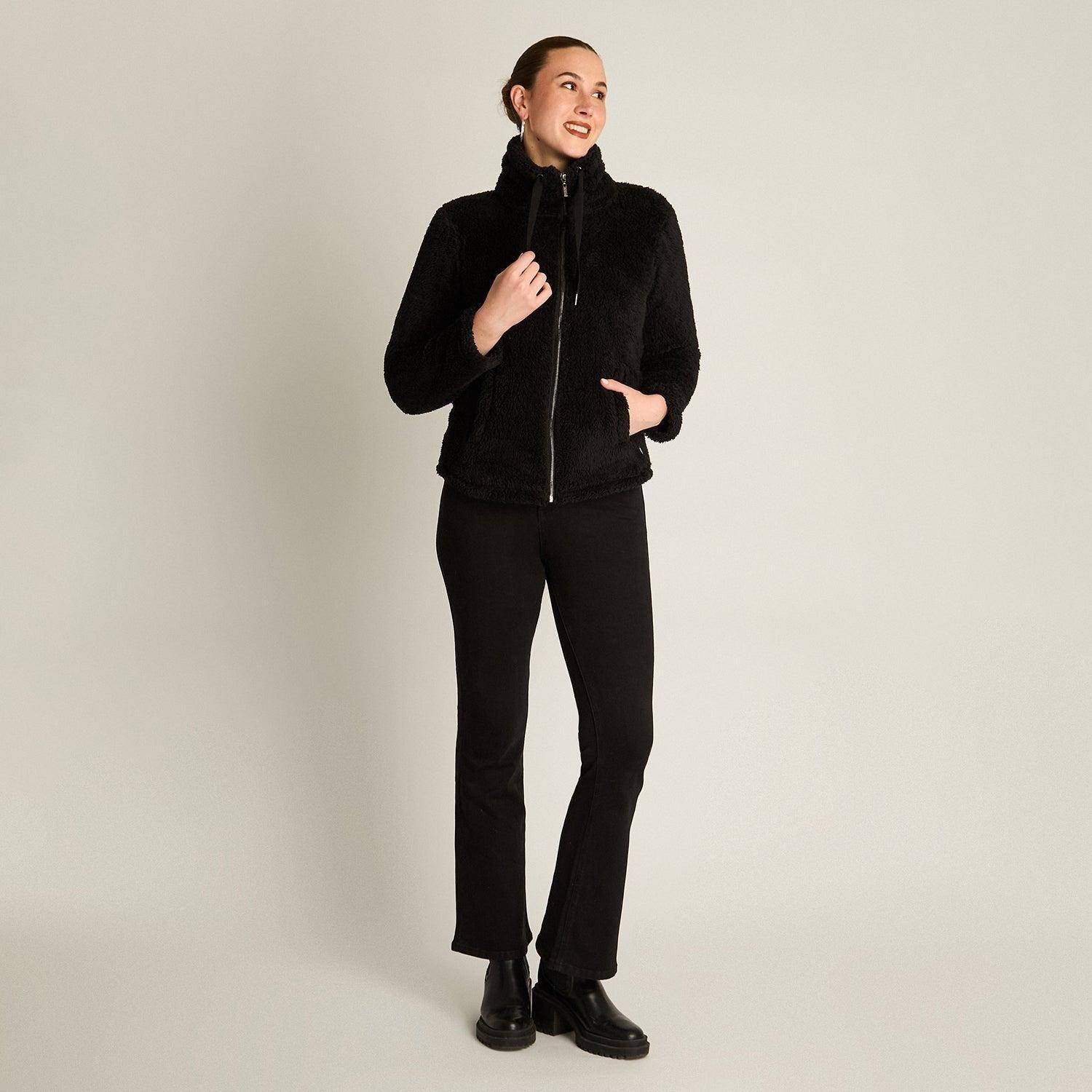 Polerón Coral Fleece Mujer Full Zipper Efecto Piel Negro-3