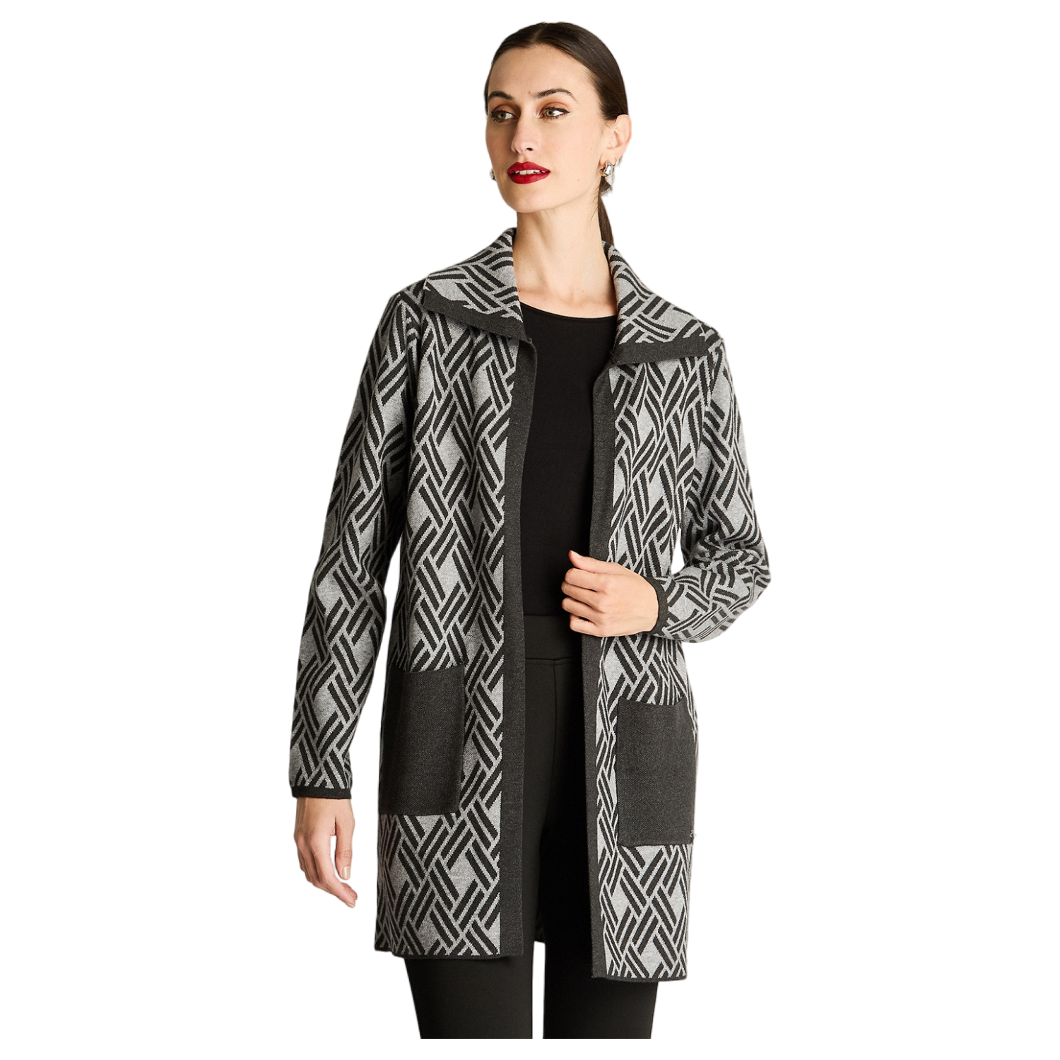 Tapado Tejido Manga Larga Cuello Camisero Bolsillo Print Gris-0
