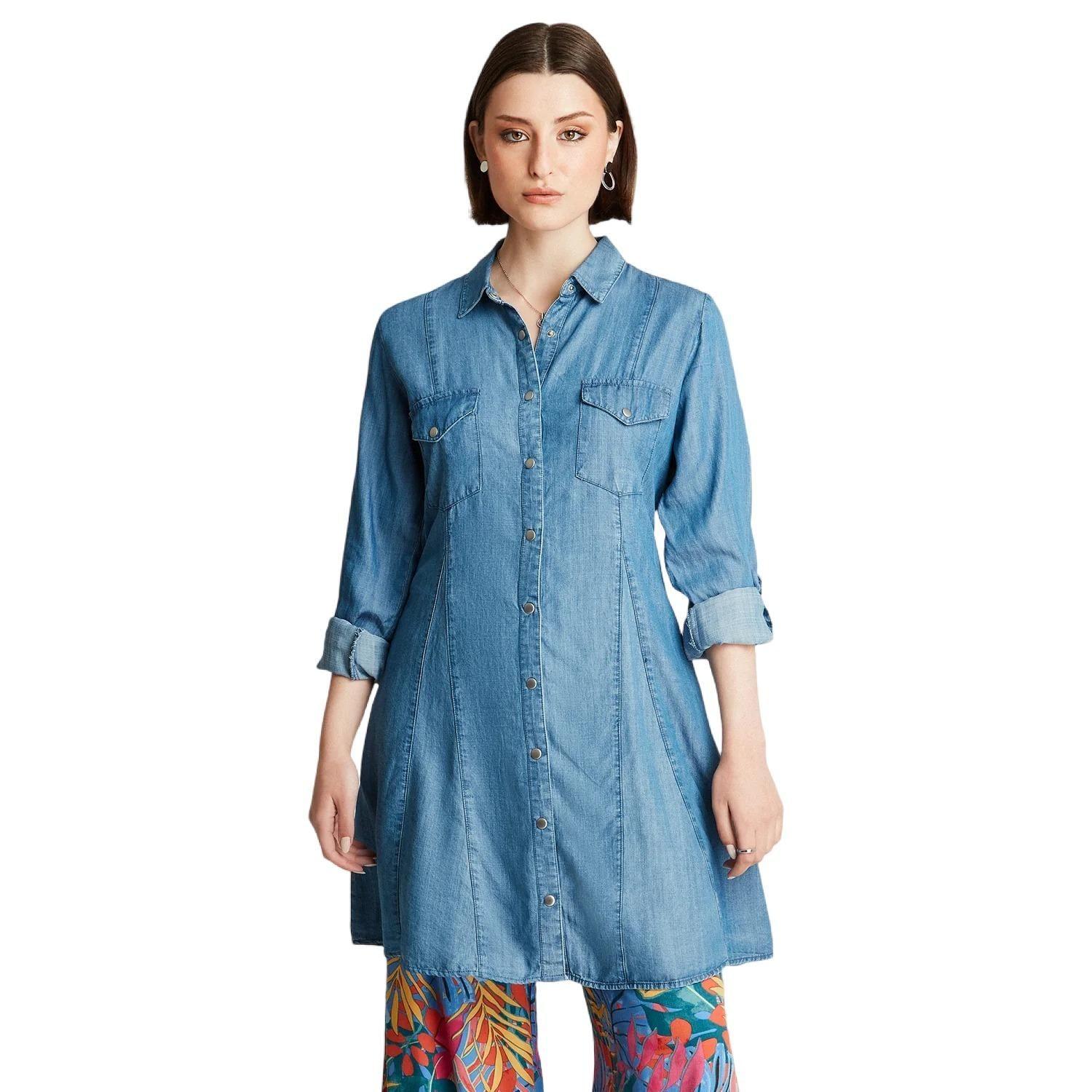 Blusa Celeste Manga Larga Cuello Camisero-0