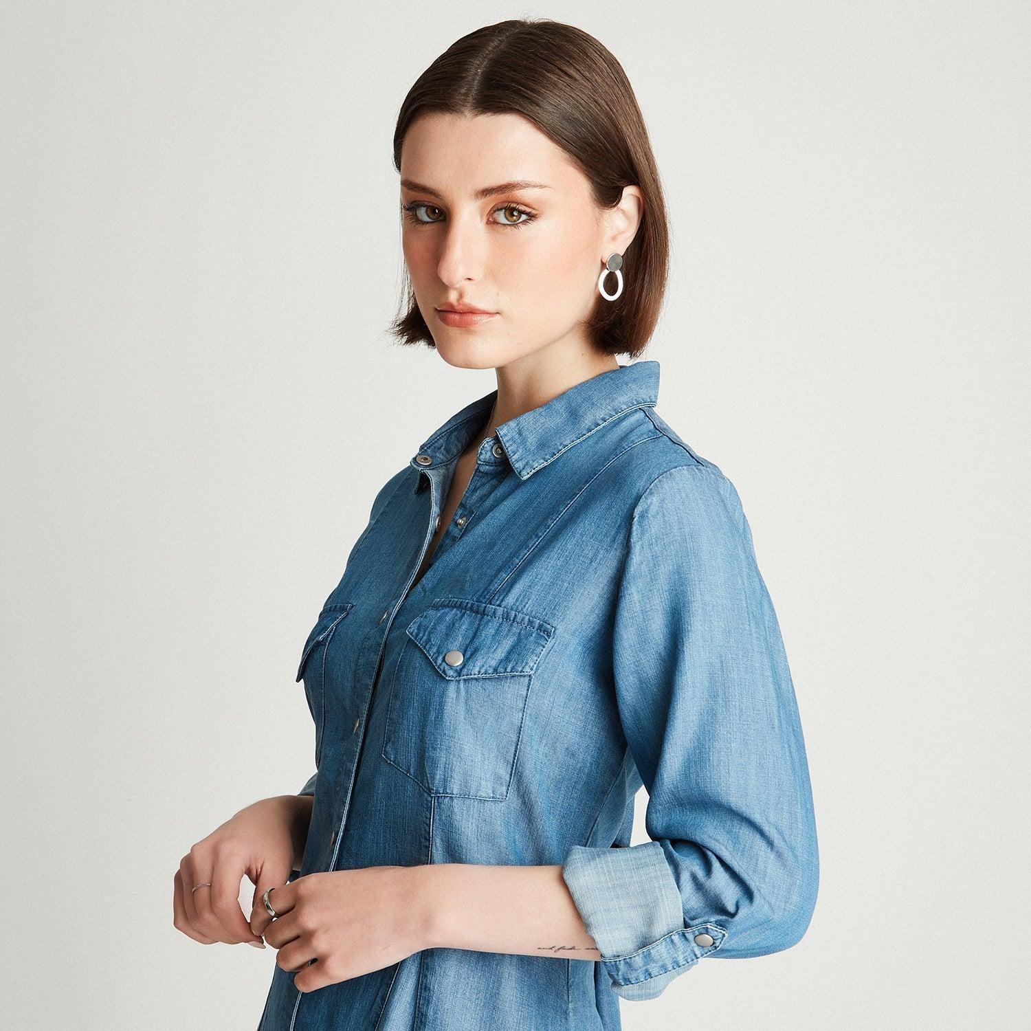 Blusa Celeste Manga Larga Cuello Camisero-2