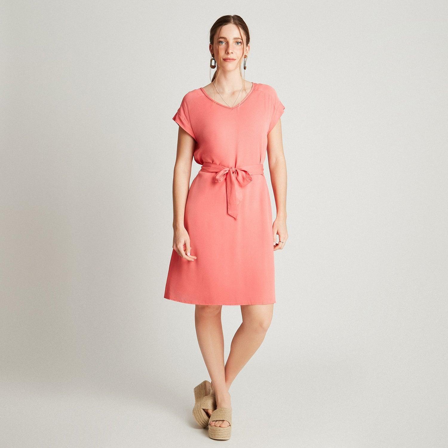 Vestido Midi Coral Manga Kimono Cuello V-3