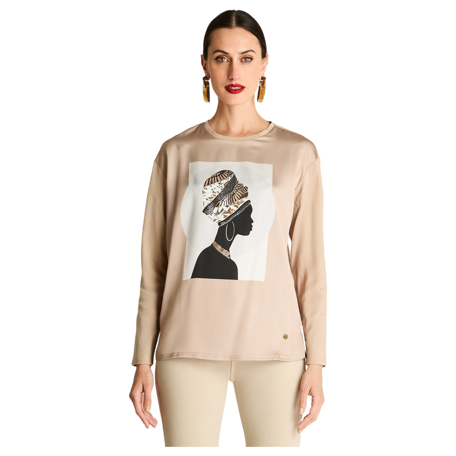 Polera Fabric Mix Print Frontal Beige-0