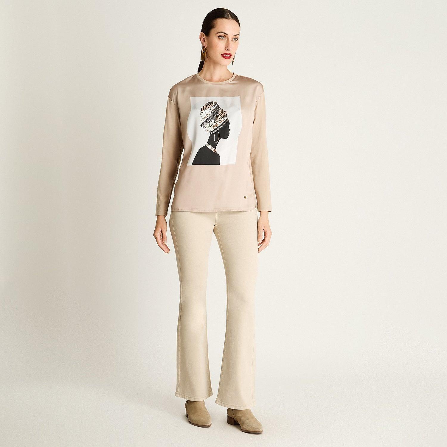 Polera Fabric Mix Print Frontal Beige-2