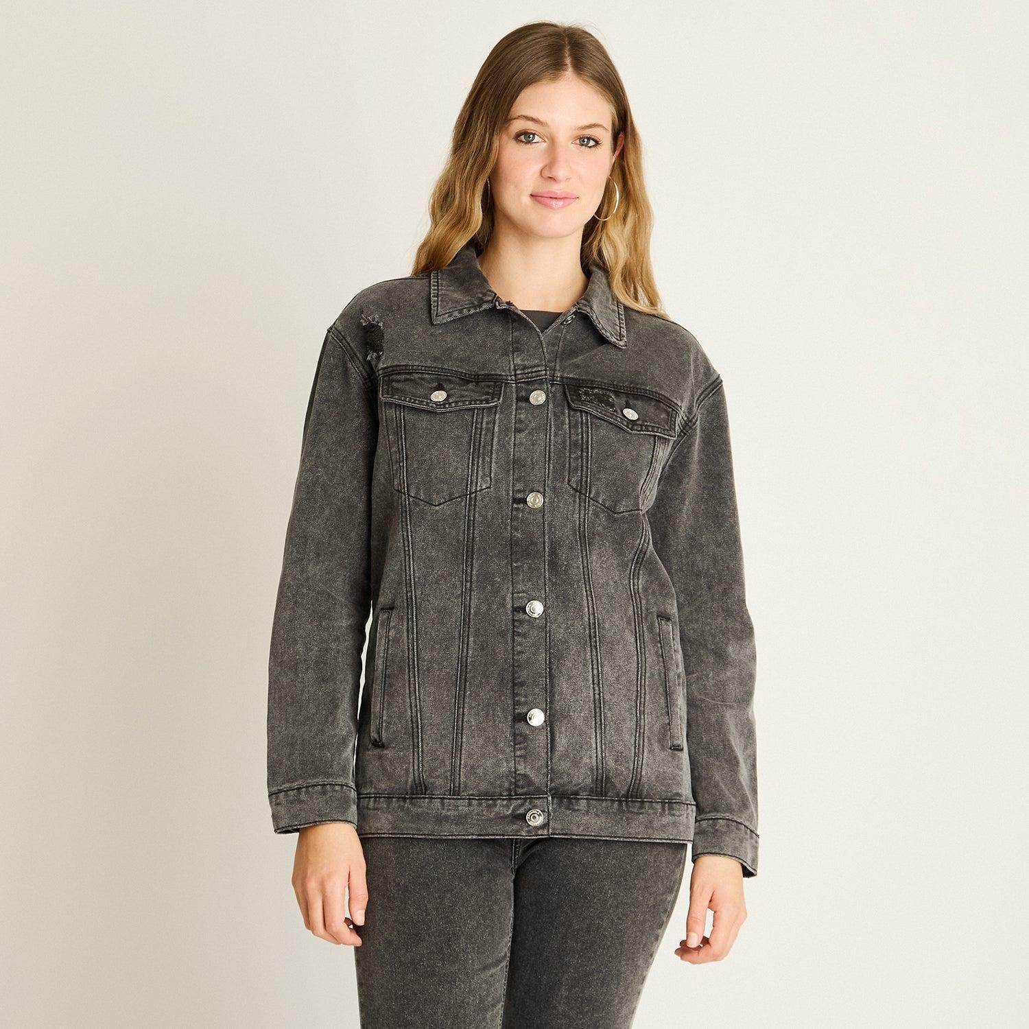 Casaca Mezclilla Gris Oscuro Estilo Oversize Clásica-0
