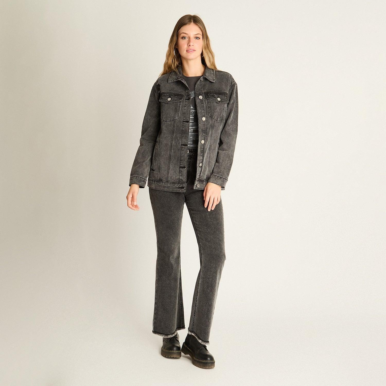 Casaca Mezclilla Gris Oscuro Estilo Oversize Clásica-3