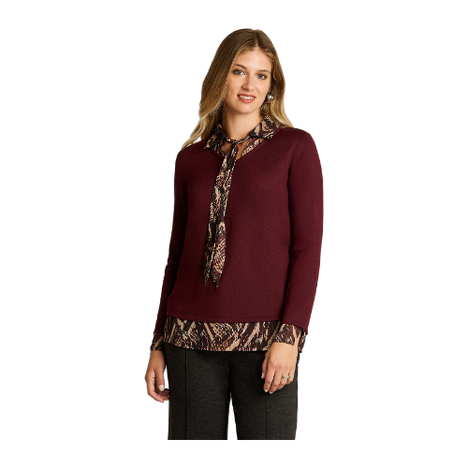 Polera Burdeo Lanilla Manga Larga con Pañuelo y Detalle Estampado-0