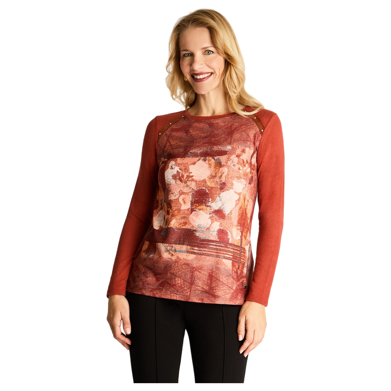 Polera Manga Larga Lanilla Escote Redondo Estampada Con Tachas Terracota-0