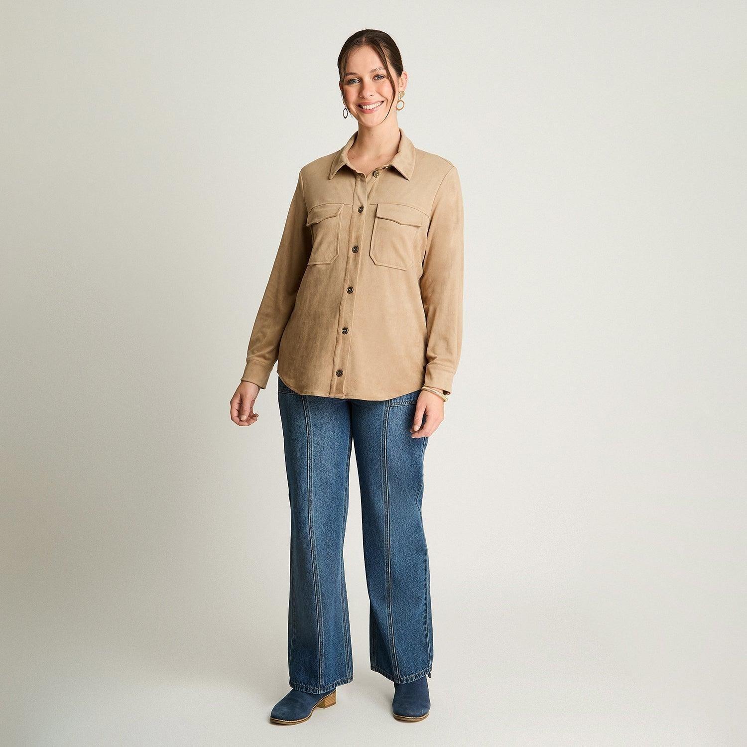 Chaqueta Sobrecamisa Suede Manga Larga Bolsillos Camel-3