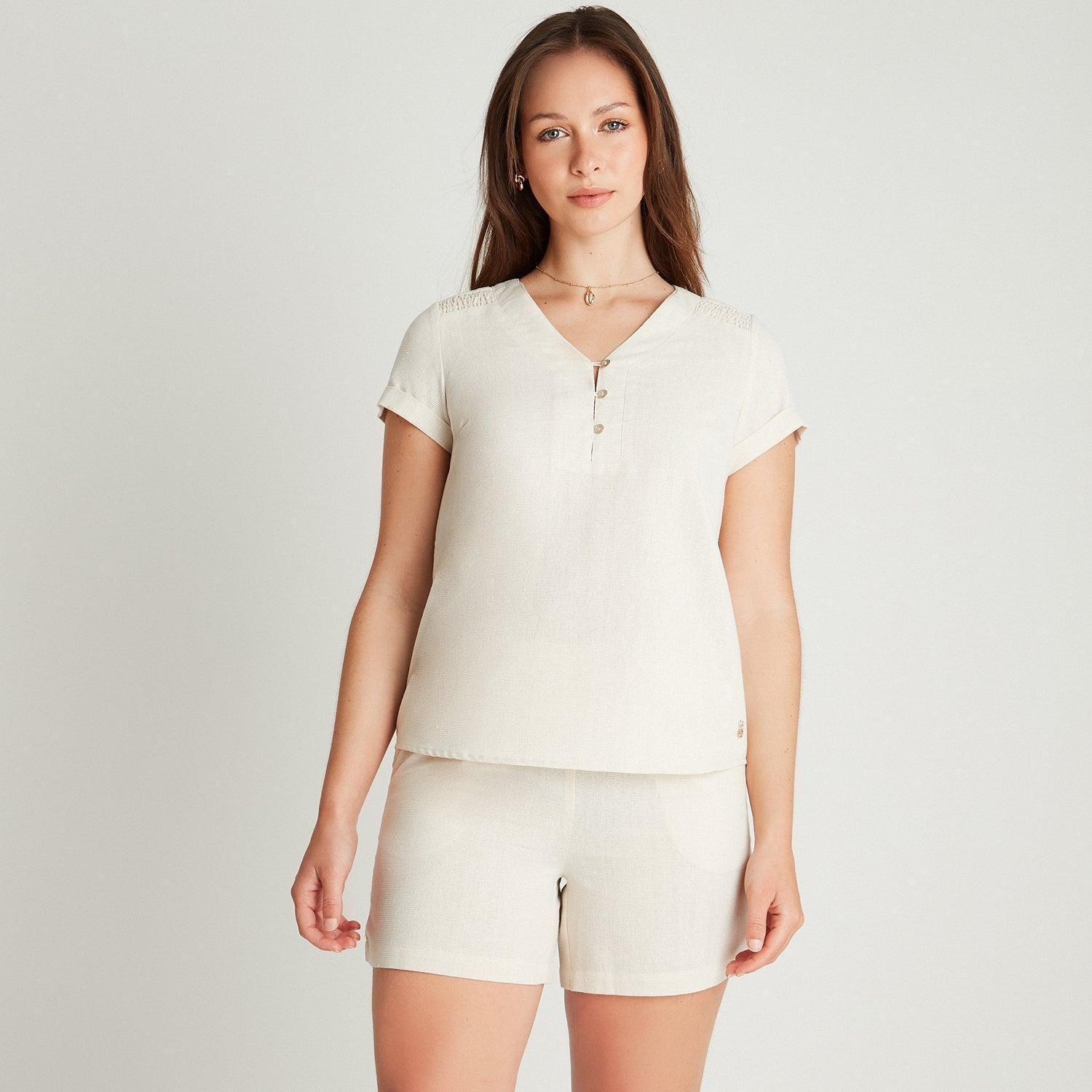 Blusa Beige Manga Corta Cuello V-0