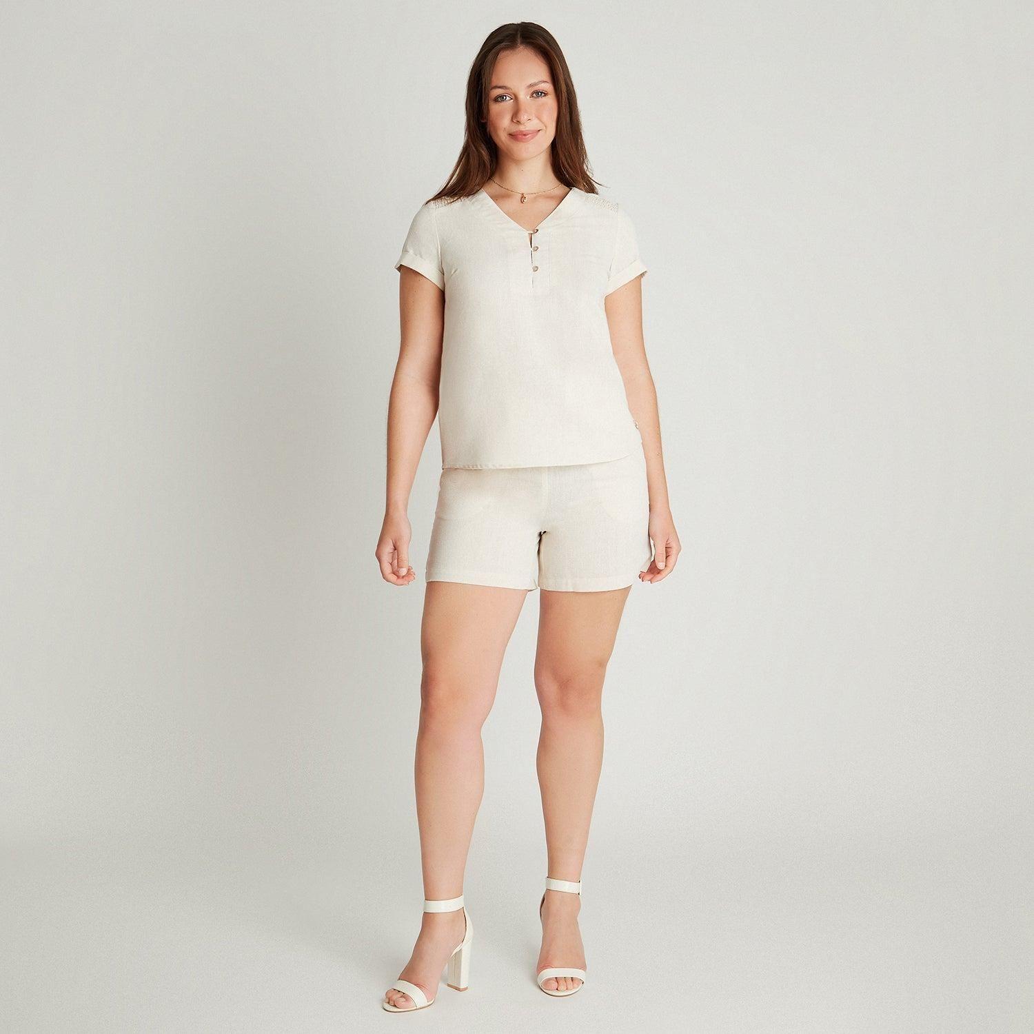 Blusa Beige Manga Corta Cuello V-3