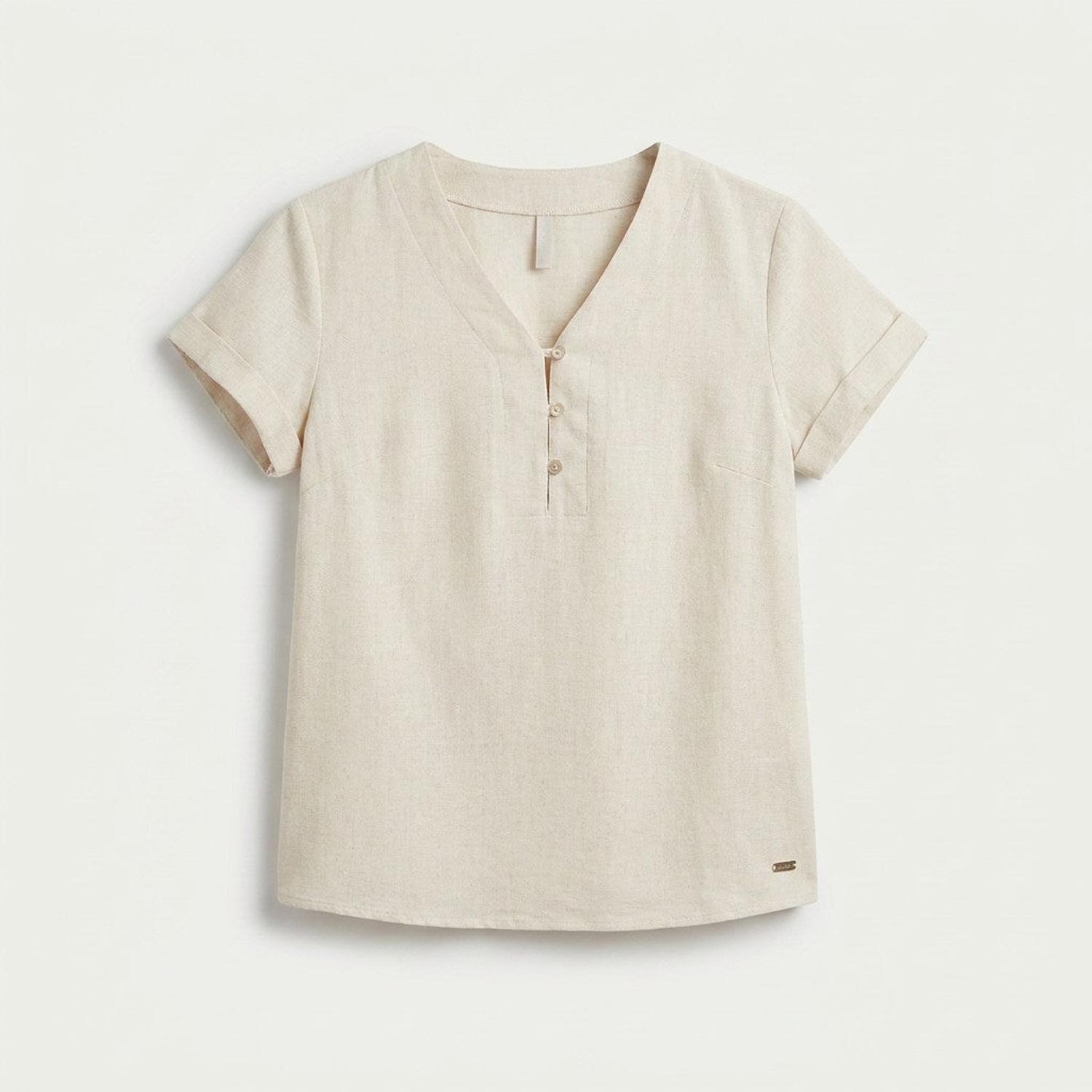 Blusa Beige Manga Corta Cuello V-4