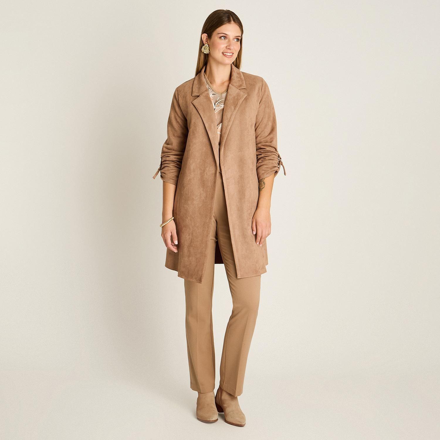 Chaqueta Suede Mujer Manga Roll Up con Bolsillos Taupe-3