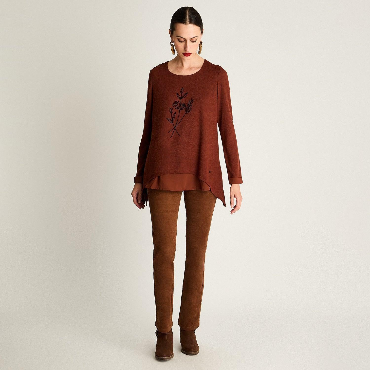 Polera Fabric Mix Lanilla Print Frontal Terracota-2