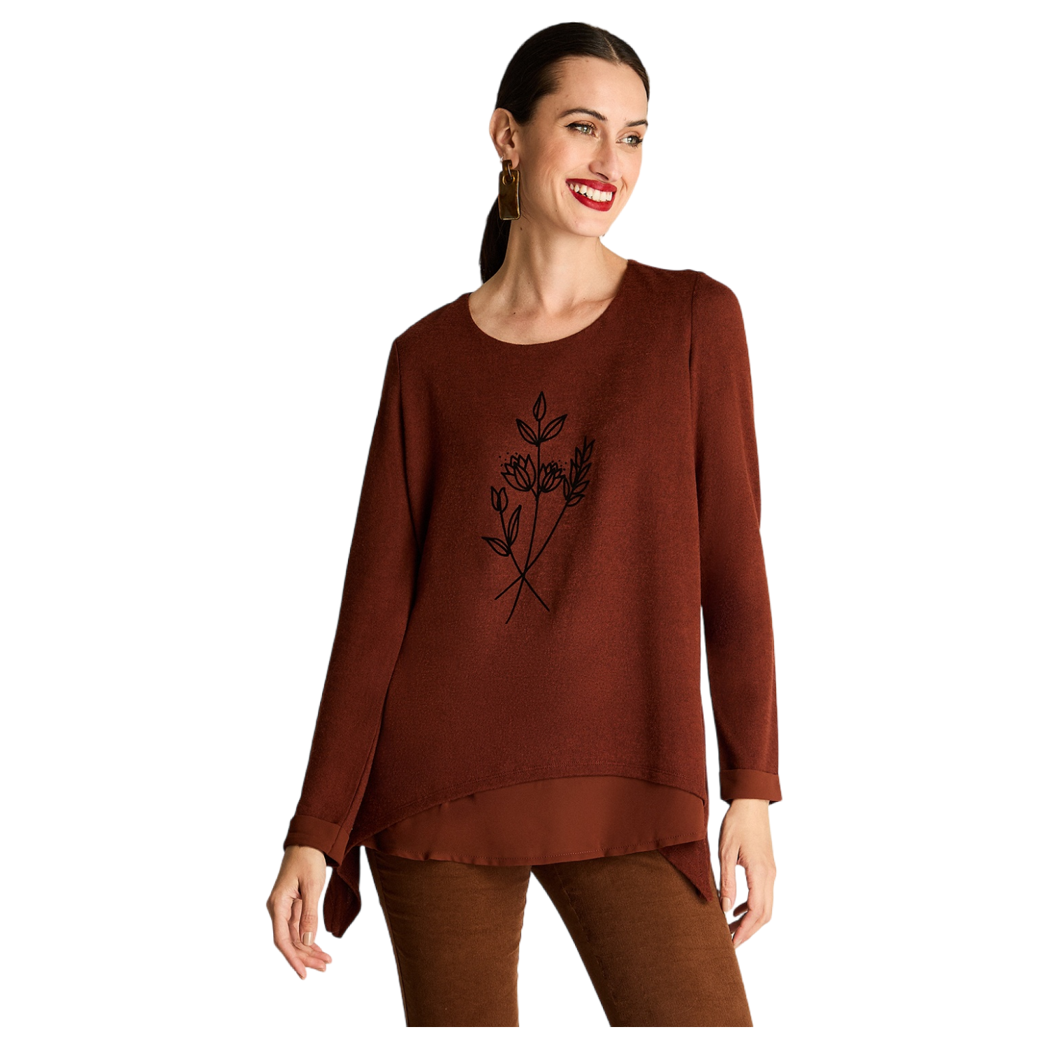 Polera Fabric Mix Lanilla Print Frontal Terracota-4