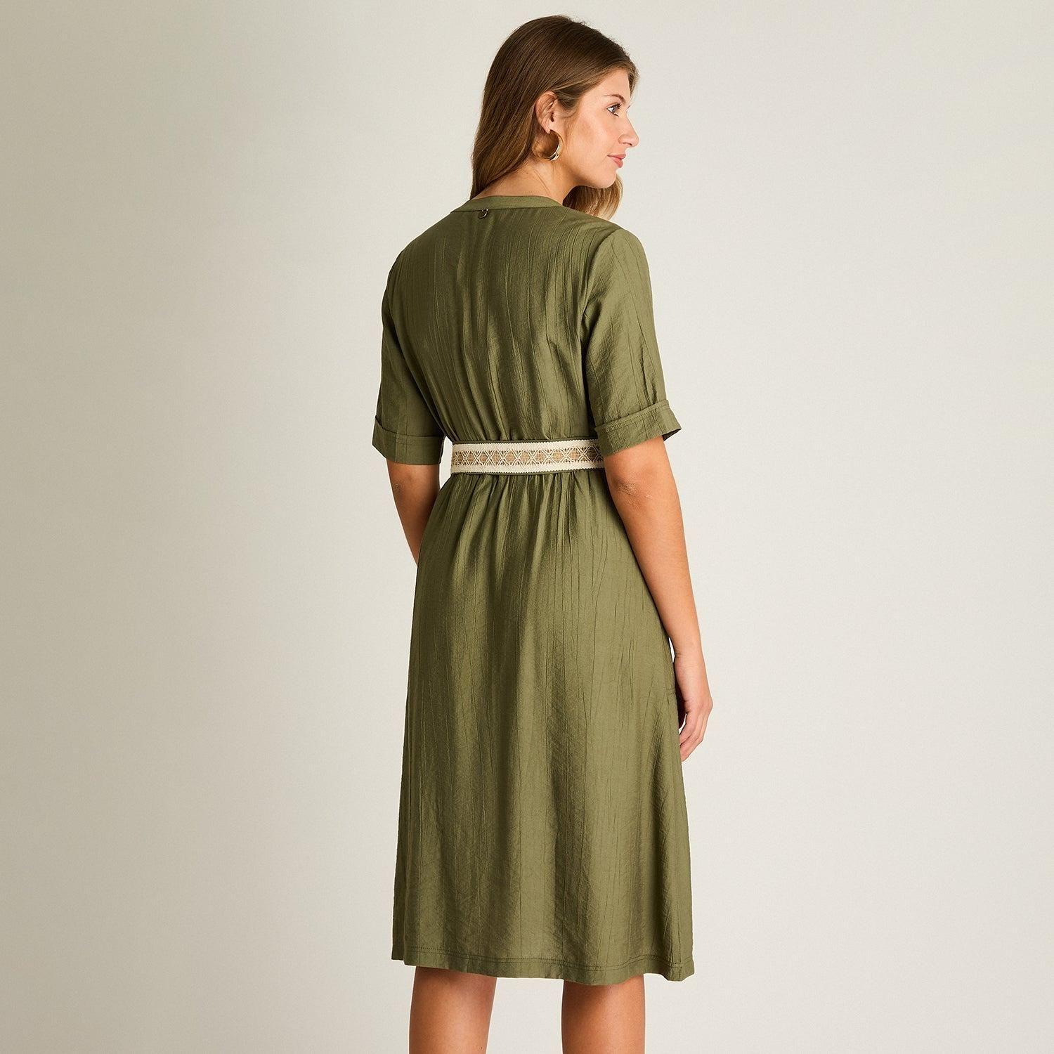 Vestido Midi Verde Baja elasticidad Sin Forro Calce Normal-1