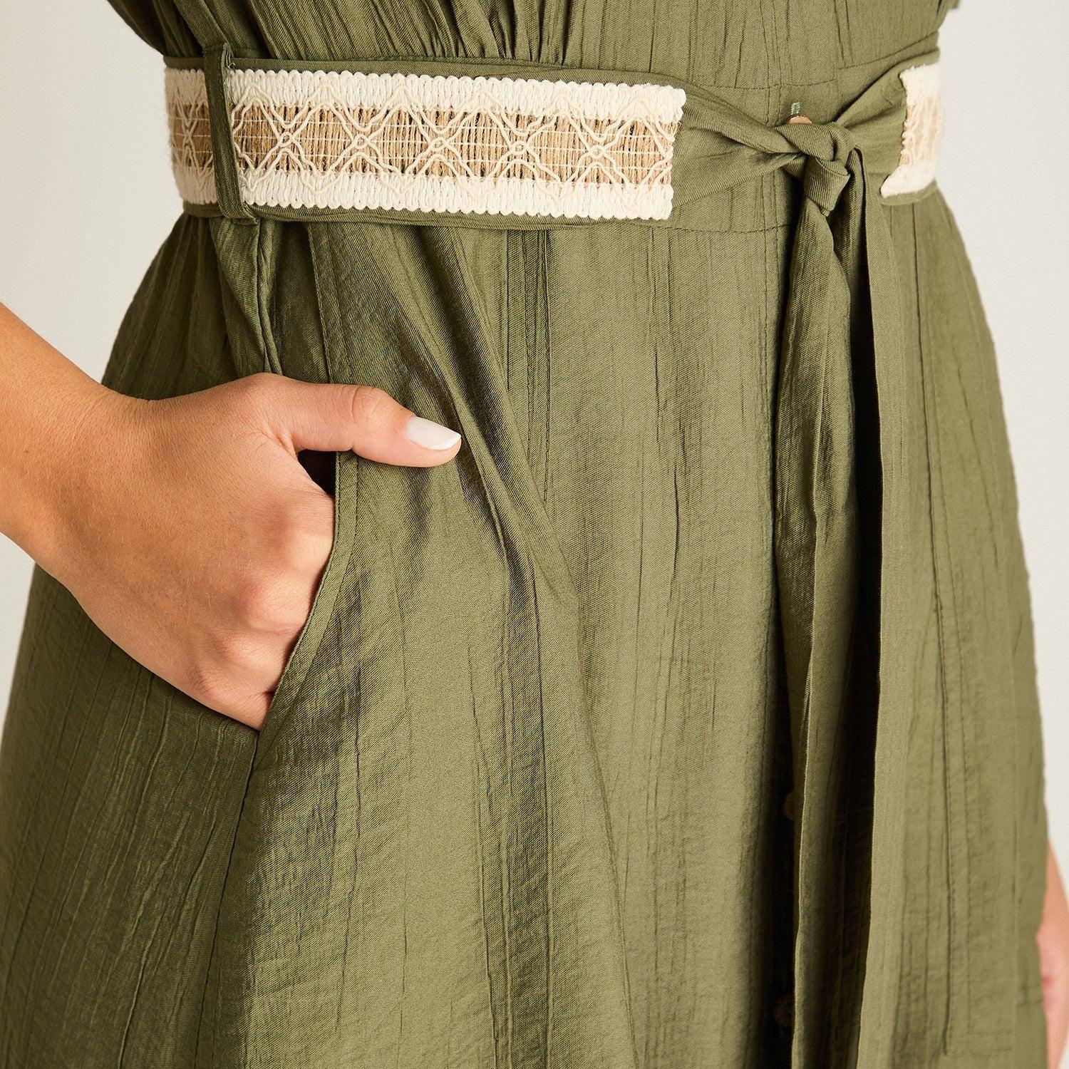 Vestido Midi Verde Baja elasticidad Sin Forro Calce Normal-2