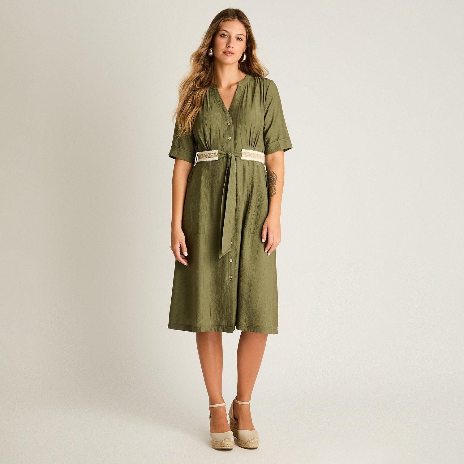 Vestido Midi Verde Baja elasticidad Sin Forro Calce Normal-3