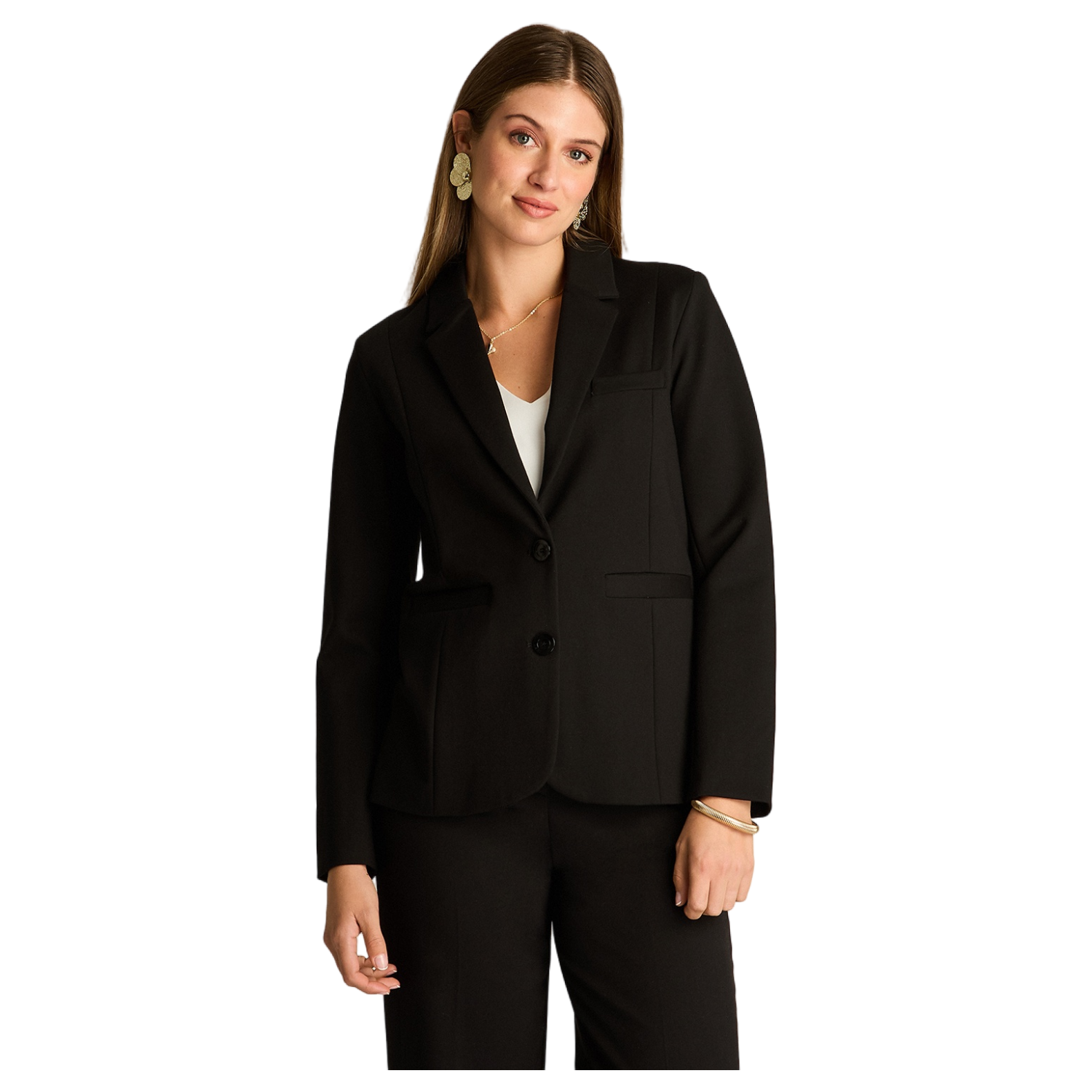 Blazer Negro Básico Punto Roma con Dos Bolsillos-0